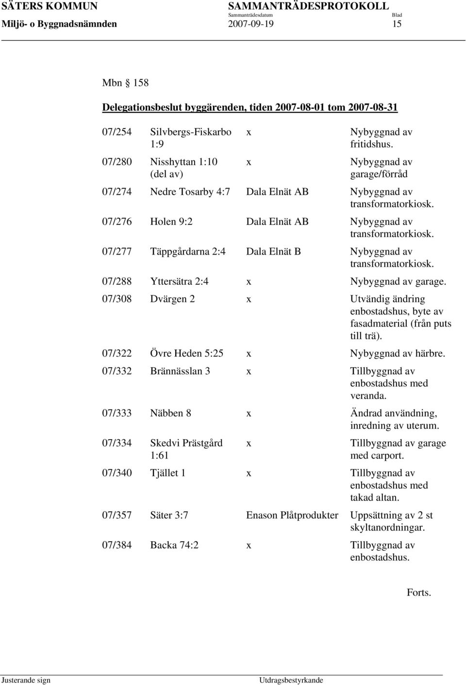 07/277 Täppgårdarna 2:4 Dala Elnät B Nybyggnad av transformatorkiosk. 07/288 Yttersätra 2:4 x Nybyggnad av garage.