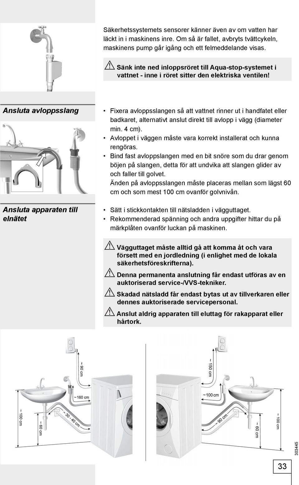 Ansluta avloppsslang Ansluta apparaten till elnätet Fixera avloppsslangen så att vattnet rinner ut i handfatet eller badkaret, alternativt anslut direkt till avlopp i vägg (diameter min. 4 cm).