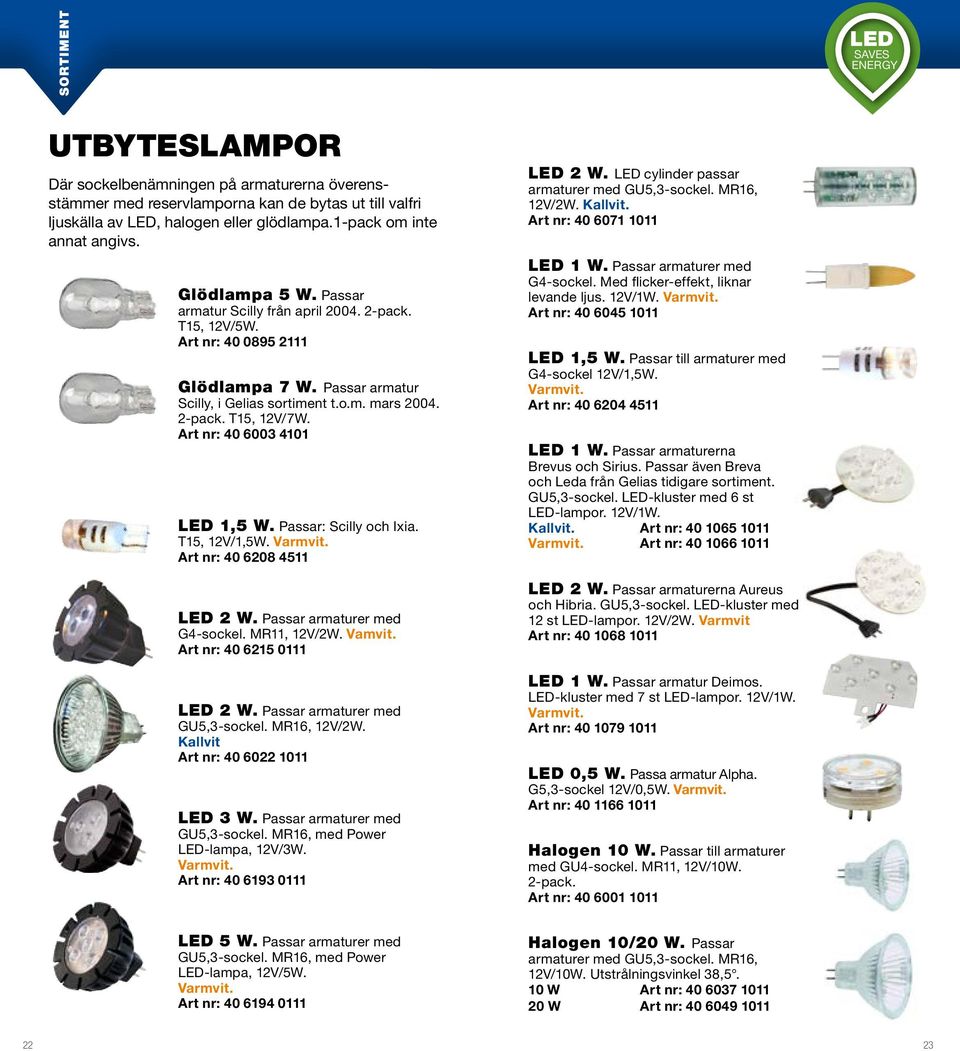 Art nr: 40 6003 40 LED,5 W. Passar: Scilly och Ixia. T5, V/,5W. Varmvit. Art nr: 40 608 45 LED W. Passar armaturer med G4-sockel. MR, V/W. Vamvit. Art nr: 40 65 0 LED W.