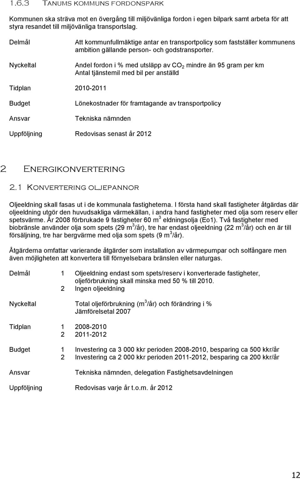 Andel fordon i % med utsläpp av CO 2 mindre än 95 gram per km Antal tjänstemil med bil per anställd Tidplan 2010-2011 Budget Ansvar Lönekostnader för framtagande av transportpolicy Tekniska nämnden