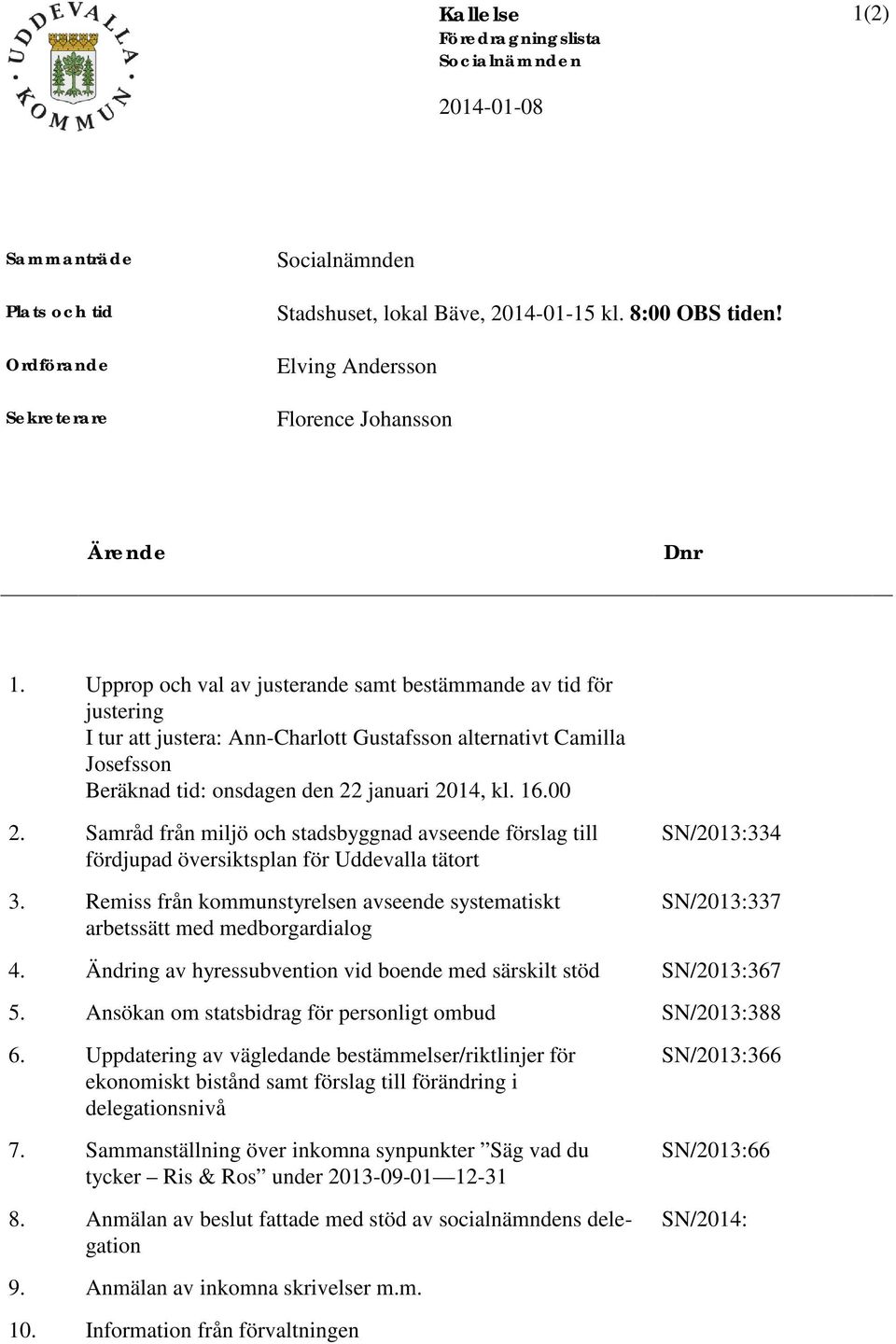 Upprop och val av justerande samt bestämmande av tid för justering I tur att justera: Ann-Charlott Gustafsson alternativt Camilla Josefsson Beräknad tid: onsdagen den 22 januari 2014, kl. 16.00 2.