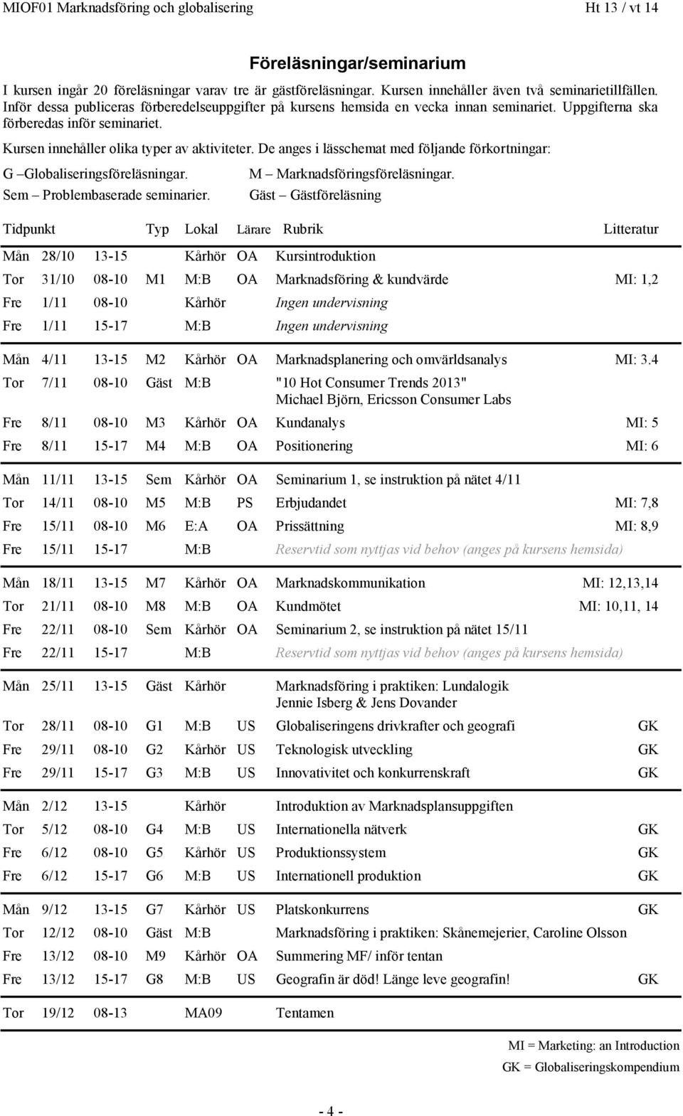 De anges i lässchemat med följande förkortningar: G Globaliseringsföreläsningar. Sem Problembaserade seminarier. M Marknadsföringsföreläsningar.