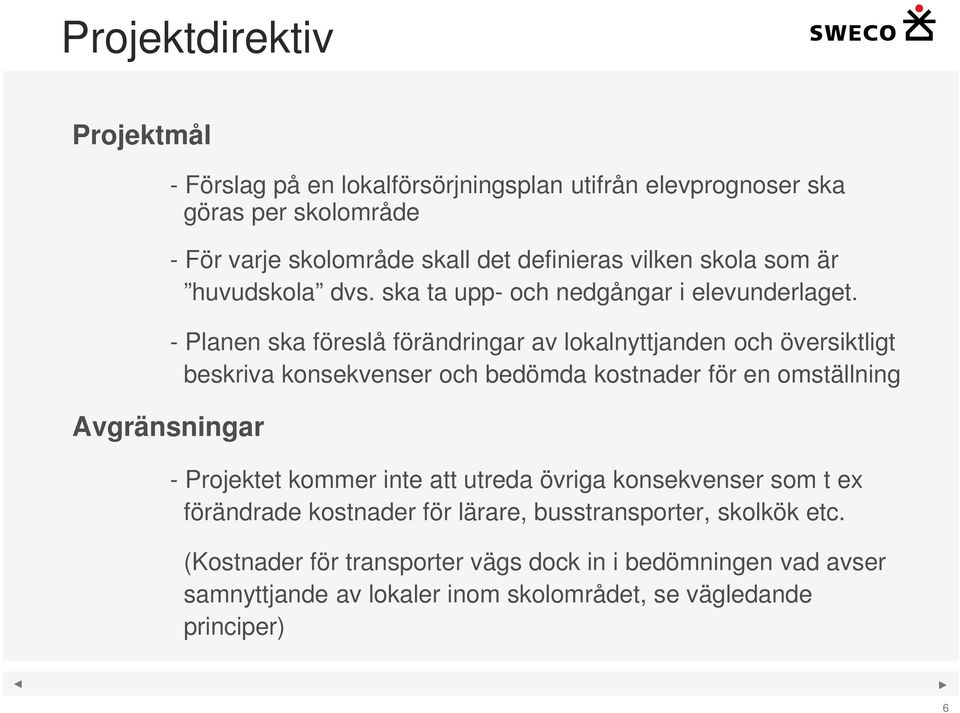 - Planen ska föreslå förändringar av lokalnyttjanden och översiktligt beskriva konsekvenser och bedömda kostnader för en omställning - Projektet kommer inte att