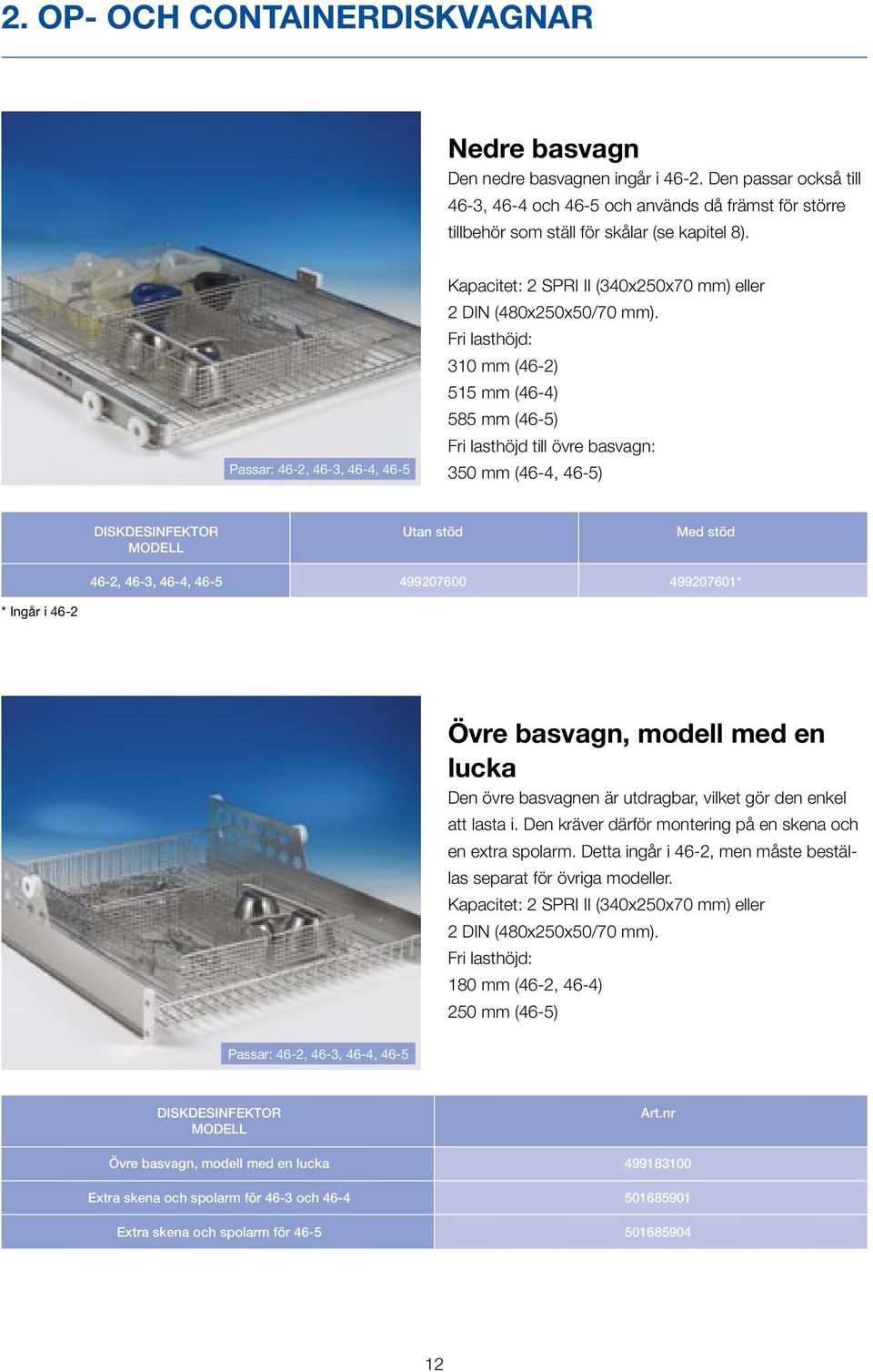 Fri lasthöjd: 310 mm (46-2) 515 mm (46-4) 585 mm (46-5) Fri lasthöjd till övre basvagn: 350 mm (46-4, 46-5) DISKDESINFEKTOR Utan stöd Med stöd MODELL 46-2, 46-3, 46-4, 46-5 499207600 499207601* *