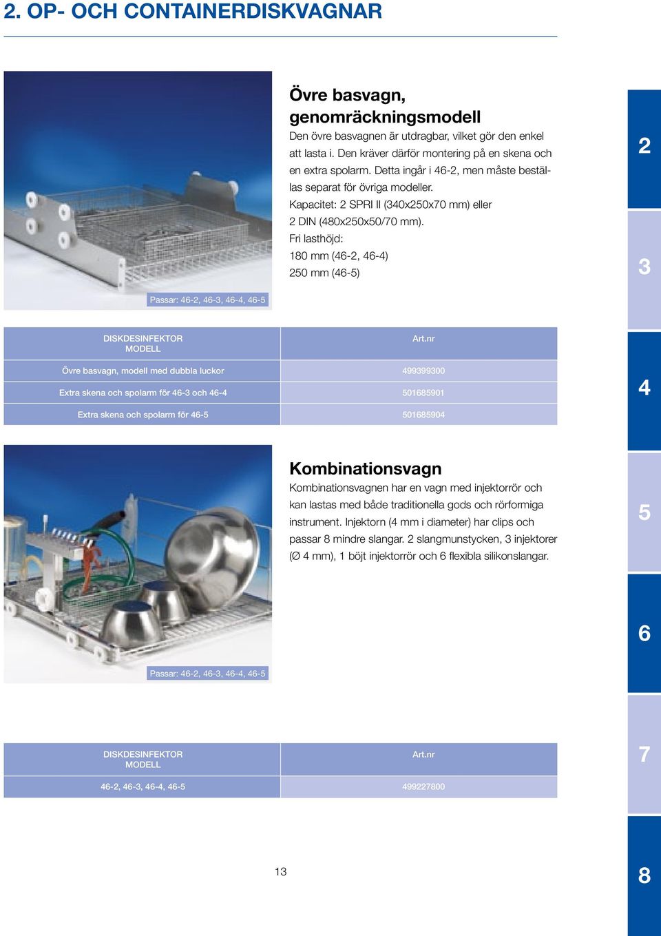 Fri lasthöjd: 180 mm (46-2, 46-4) 250 mm (46-5) 2 3 Passar: 46-2, 46-3, 46-4, 46-5 DISKDESINFEKTOR MODELL Övre basvagn, modell med dubbla luckor 499399300 Extra skena och spolarm för 46-3 och 46-4