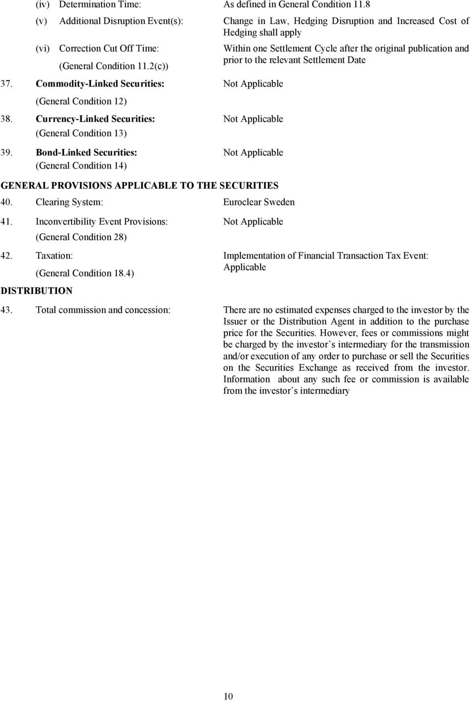 publication and (General Condition 11.2(c)) prior to the relevant Settlement Date 37. Commodity-Linked Securities: (General Condition 12) 38. Currency-Linked Securities: (General Condition 13) 39.