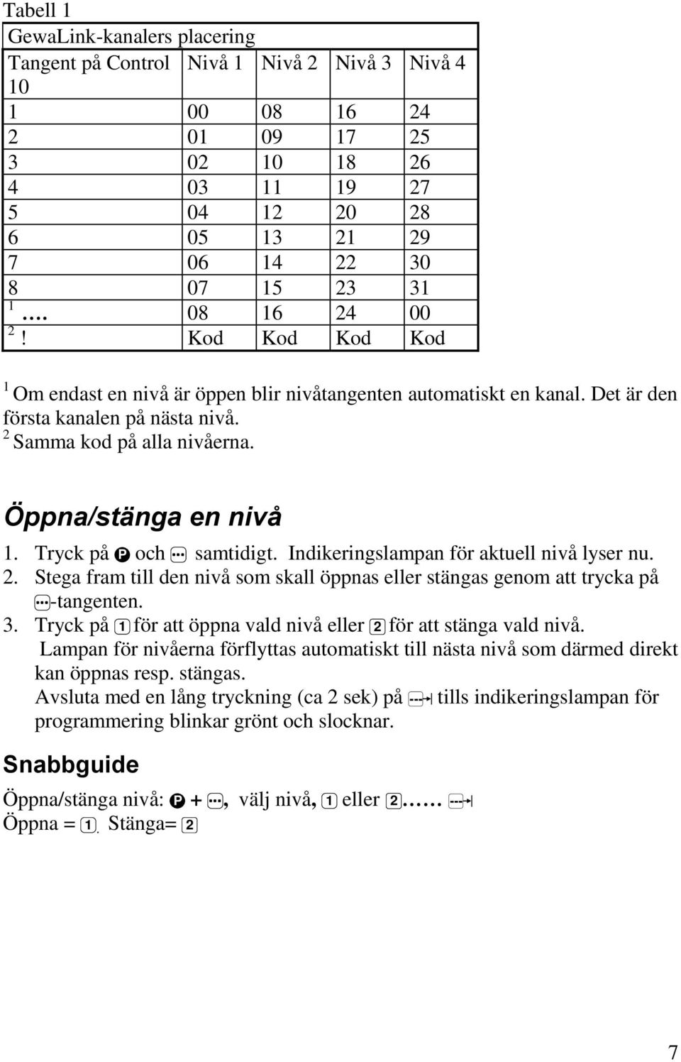 Tryck på P och samtidigt. Indikeringslampan för aktuell nivå lyser nu. 2. Stega fram till den nivå som skall öppnas eller stängas genom att trycka på -tangenten. 3.