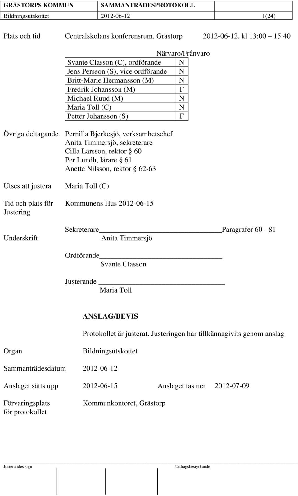 Cilla Larsson, rektor 60 Per Lundh, lärare 61 Anette Nilsson, rektor 62-63 Utses att justera Maria Toll (C) Tid och plats för Kommunens Hus 2012-06-15 Justering Underskrift Sekreterare Paragrafer