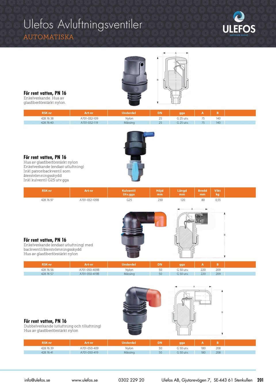 gga Längd 428 76 97 A701-032-109B G25 230 120 80 0,55 Enkelverkande (endast utluftning) med backventil/återströmningsskydd RSK-nr Art-nr Underdel DN gga A B 428 76 56 A701-050-409B Nylon 50 G 50 utv.