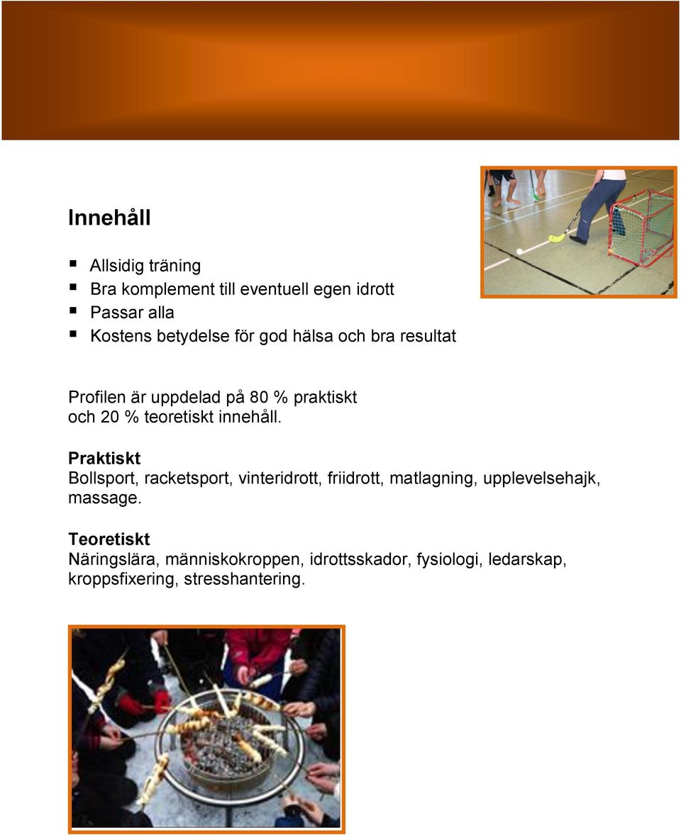 Praktiskt Bollsport, racketsport, vinteridrott, friidrott, matlagning, upplevelsehajk, massage.