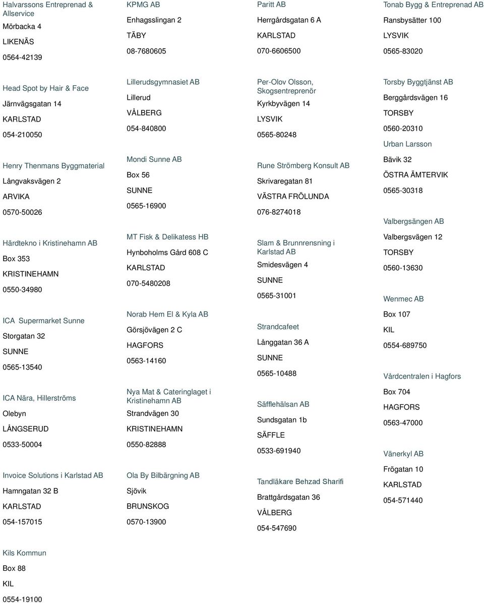 AB Berggårdsvägen 16 0560-20310 Urban Larsson Henry Thenmans Byggmaterial Långvaksvägen 2 ARVIKA 0570-50026 Mondi Sunne AB Box 56 0565-16900 Rune Strömberg Konsult AB Skrivaregatan 81 VÄSTRA FRÖLUNDA