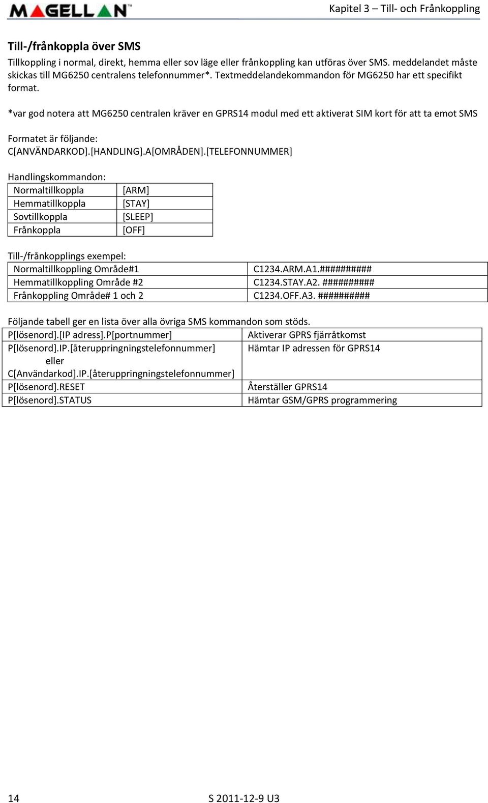 *var god notera att MG6250 centralen kräver en GPRS14 modul med ett aktiverat SIM kort för att ta emot SMS Formatet är följande: C[ANVÄNDARKOD].[HANDLING].A[OMRÅDEN].