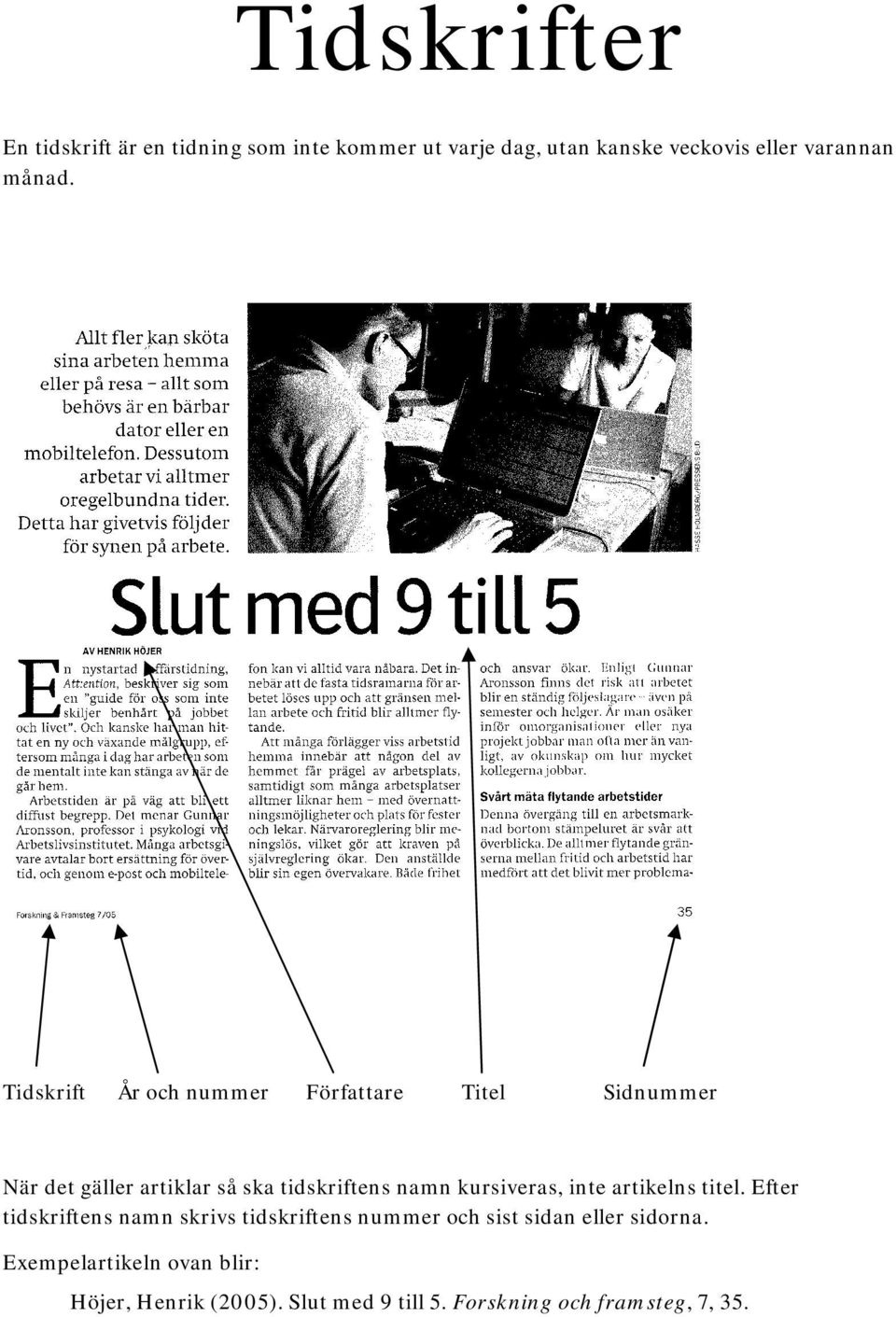 Tidskrift År och nummer Författare Titel Sidnummer När det gäller artiklar så ska tidskriftens namn