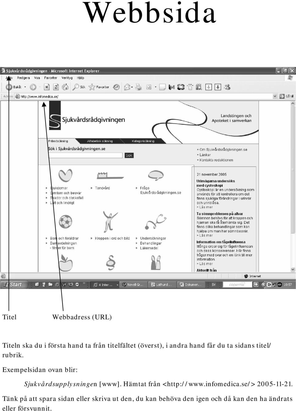 du ta sidans titel/ rubrik. Exempelsidan ovan blir: Sjukvårdsupplysningen [www].