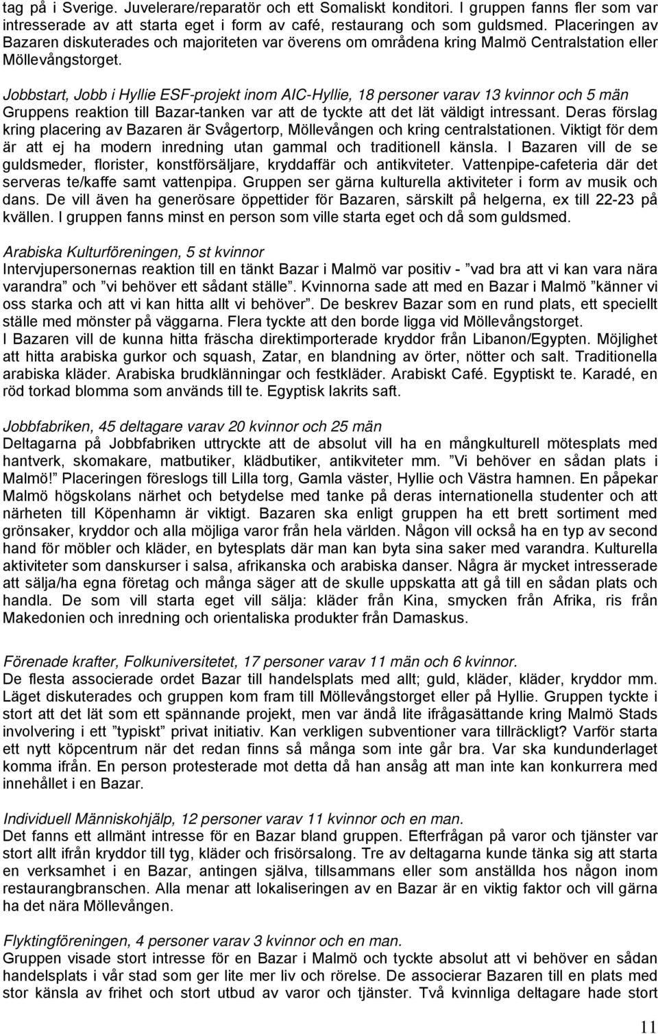 Jobbstart, Jobb i Hyllie ESF-projekt inom AIC-Hyllie, 18 personer varav 13 kvinnor och 5 män Gruppens reaktion till Bazar-tanken var att de tyckte att det lät väldigt intressant.