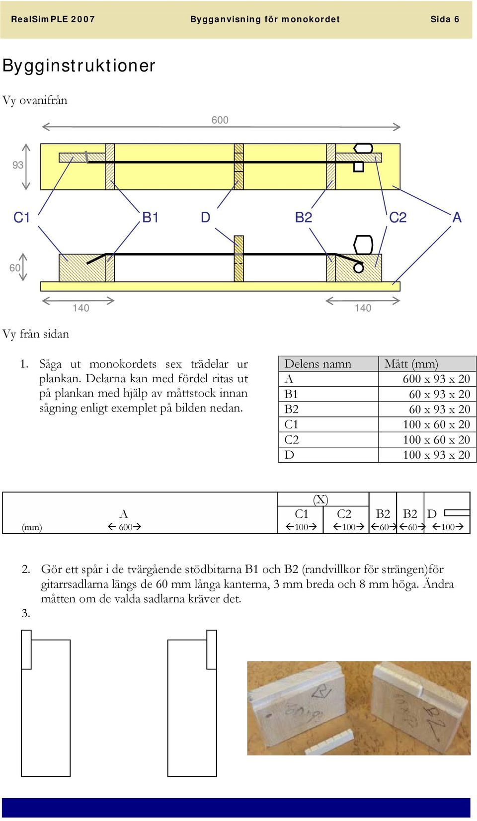 Delens namn Mått (mm) A 600 x 93 x 20 B1 60 x 93 x 20 B2 60 x 93 x 20 C1 100 x 60 x 20 C2 100 x 60 x 20 D 100 x 93 x 20 (X) A C1 C2 B2 B2 D (mm) 600 100 100 60 60