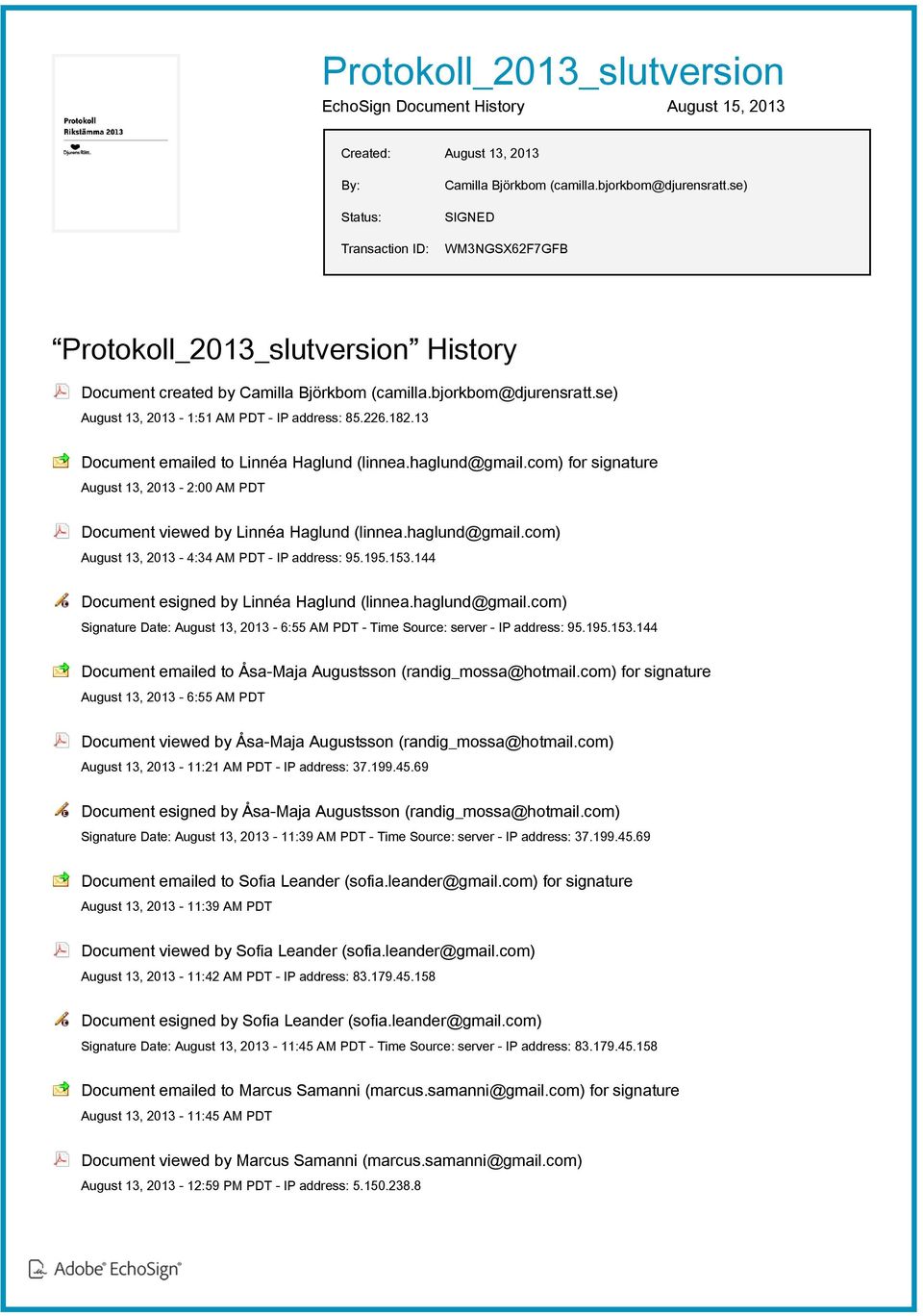 13 Document emailed to Linnéa Haglund (linnea.haglund@gmail.com) for signature August 13, 2013-2:00 AM PDT Document viewed by Linnéa Haglund (linnea.haglund@gmail.com) August 13, 2013-4:34 AM PDT - IP address: 95.