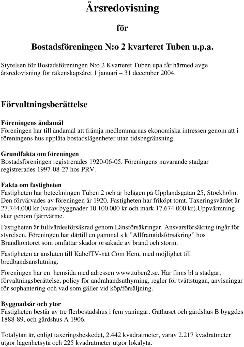 Grundfakta om föreningen Bostadsföreningen registrerades 1920-06-05. Föreningens nuvarande stadgar registrerades 1997-08-27 hos PRV.