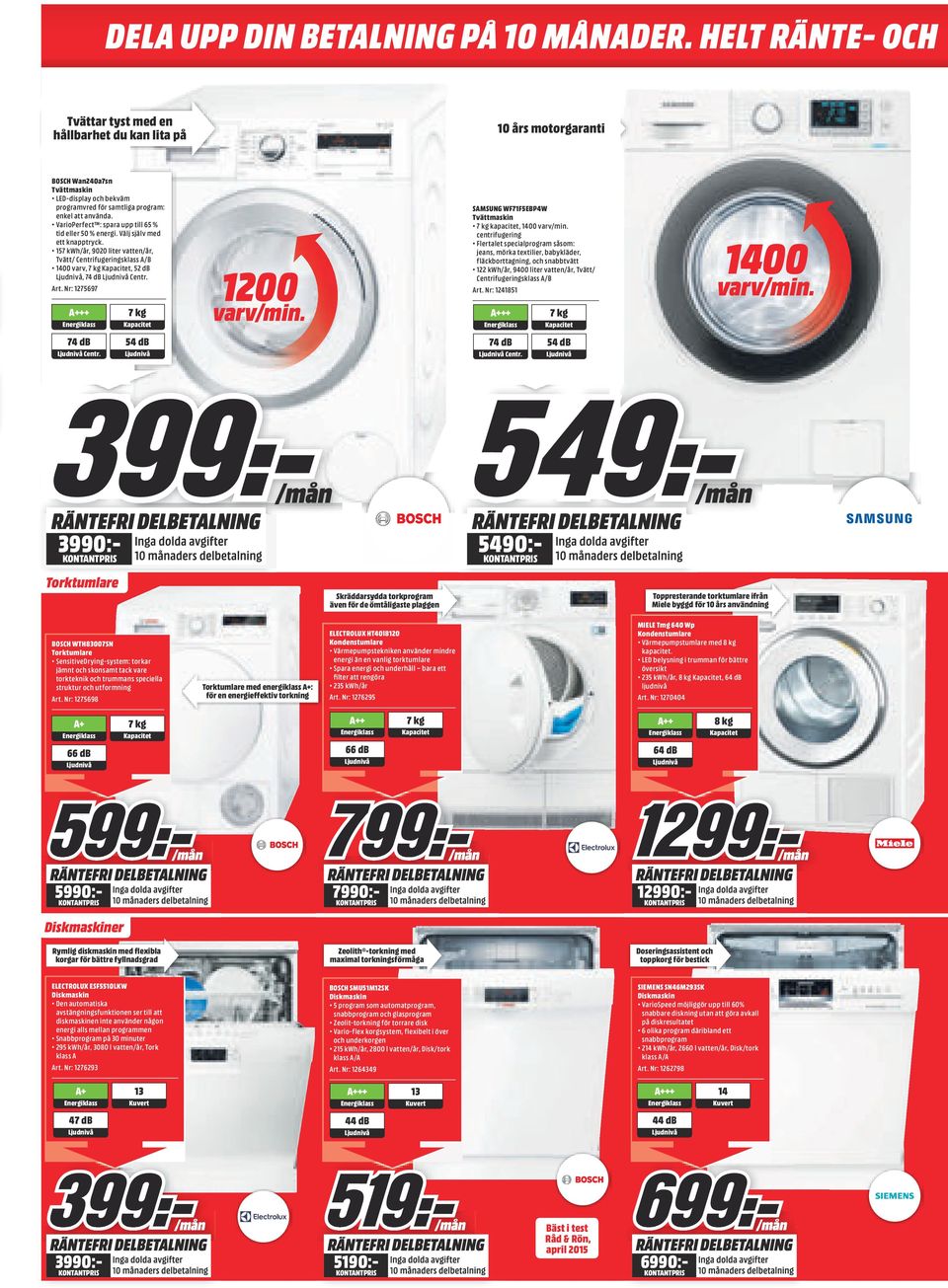 VarioPerfect : spara upp till 65 % tid eller 50 % energi. Välj själv med ett knapptryck. 157 kwh/år, 9020 liter vatten/år, Tvätt/ Centrifugeringsklass /B 1400 varv, 7 kg Kapacitet, 52 db, 74 db Centr.