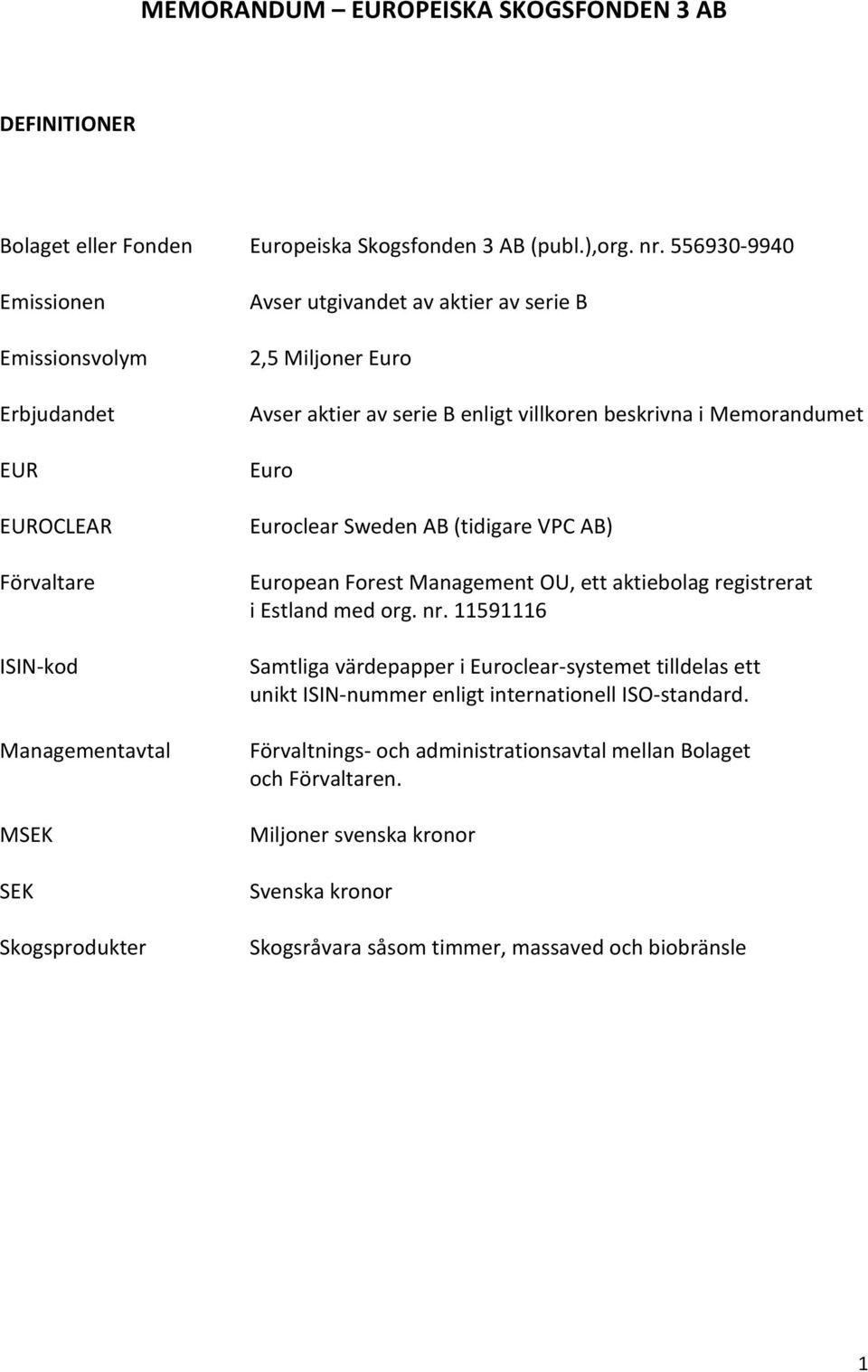 aktier av serie B enligt villkoren beskrivna i Memorandumet Euro Euroclear Sweden AB (tidigare VPC AB) European Forest Management OU, ett aktiebolag registrerat i Estland med org. nr.