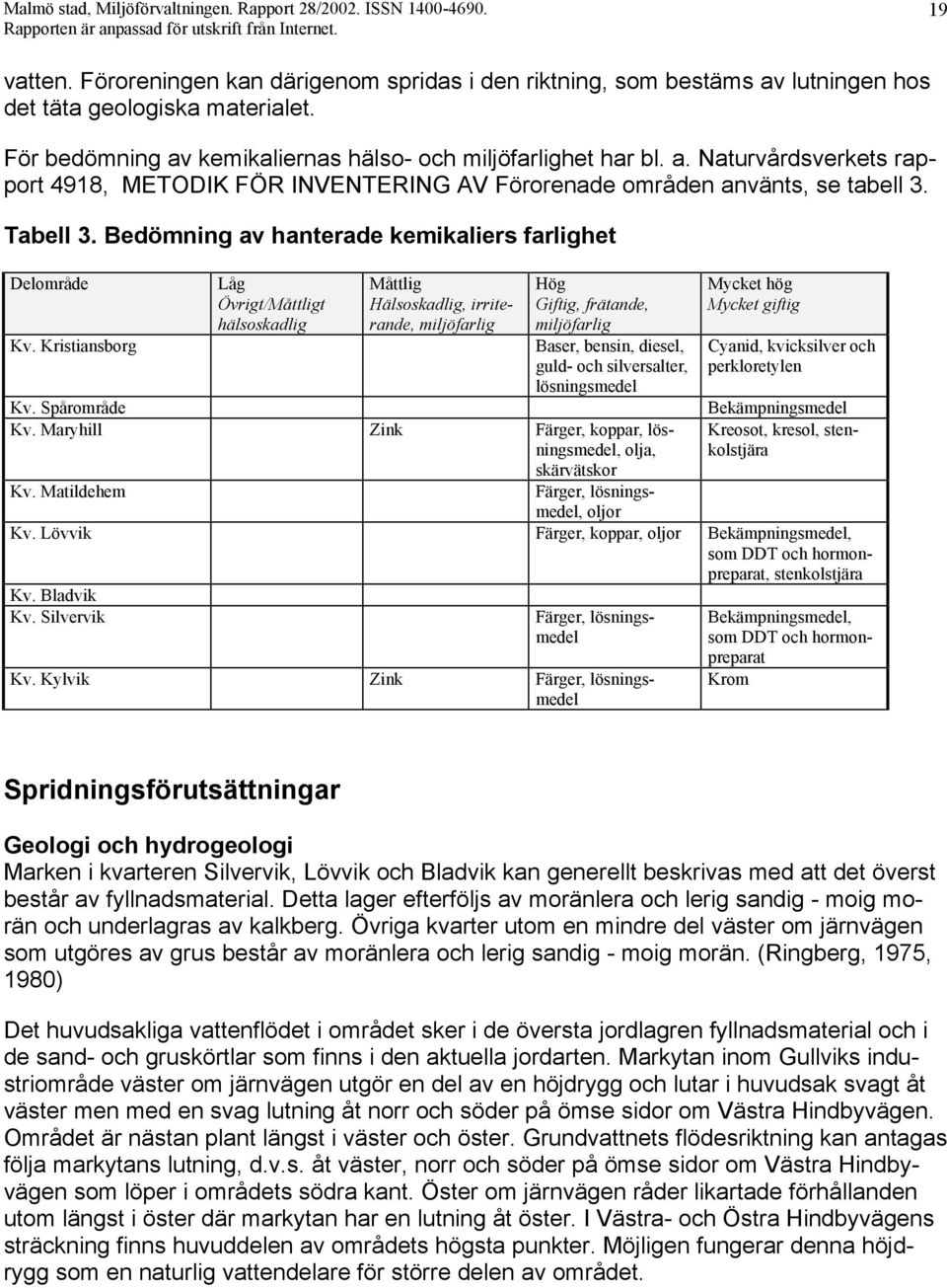 Tabell 3. Bedömning av hanterade kemikaliers farlighet Delområde Kv.