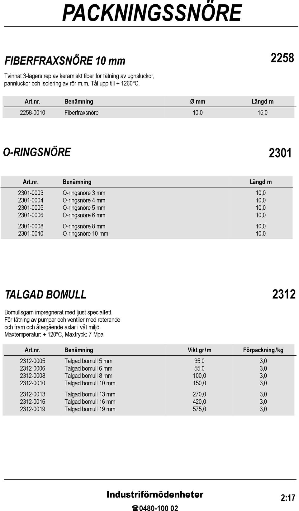 Benämning Längd m 2301-0003 2301-0004 2301-000 2301-0006 2301-0008 2301-00 O-ringsnöre 3 mm O-ringsnöre 4 mm O-ringsnöre mm O-ringsnöre 6 mm O-ringsnöre 8 mm O-ringsnöre mm,0,0,0,0,0,0 TALGAD BOMULL