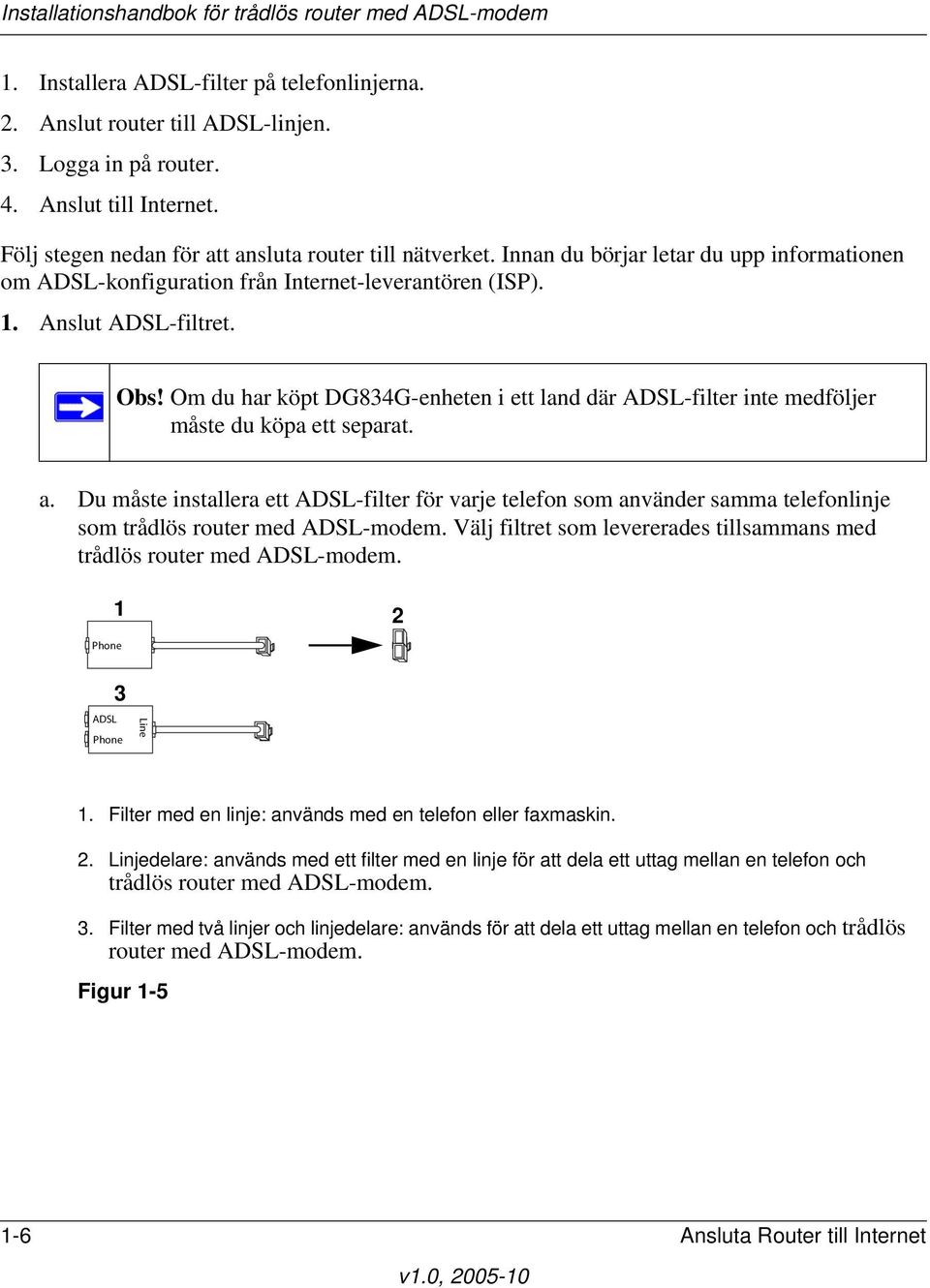 Om du har köpt DG834G-enheten i ett land där ADSL-filter inte medföljer måste du köpa ett separat. a.