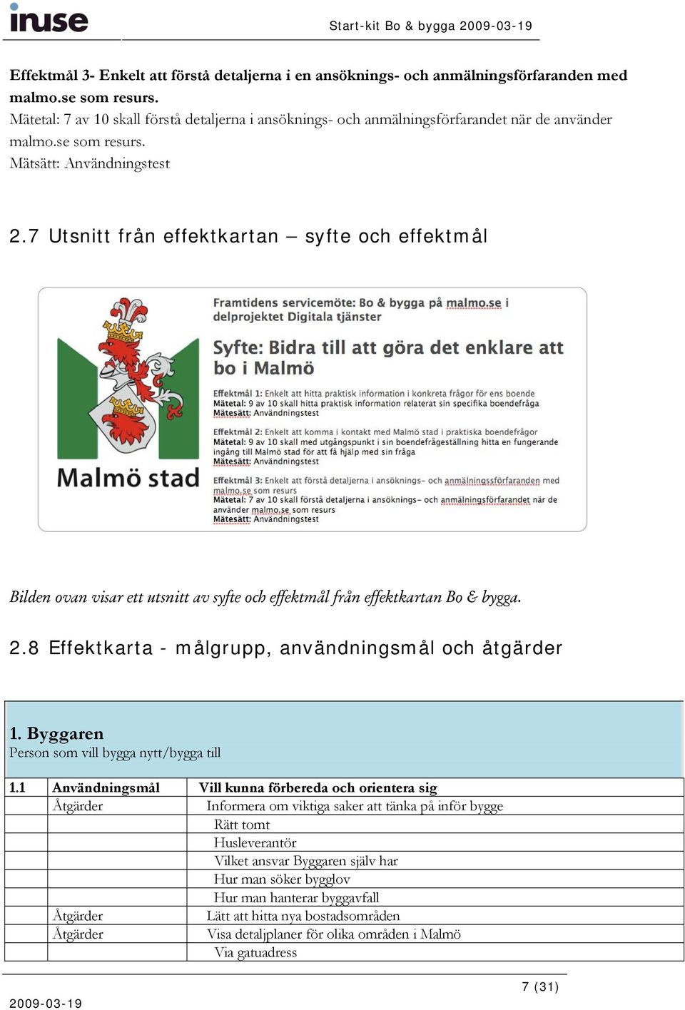 7 Utsnitt från effektkartan syfte och effektmål Bilden ovan visar ett utsnitt av syfte och effektmål från effektkartan Bo & bygga. 2.8 Effektkarta - målgrupp, användningsmål och åtgärder 1.