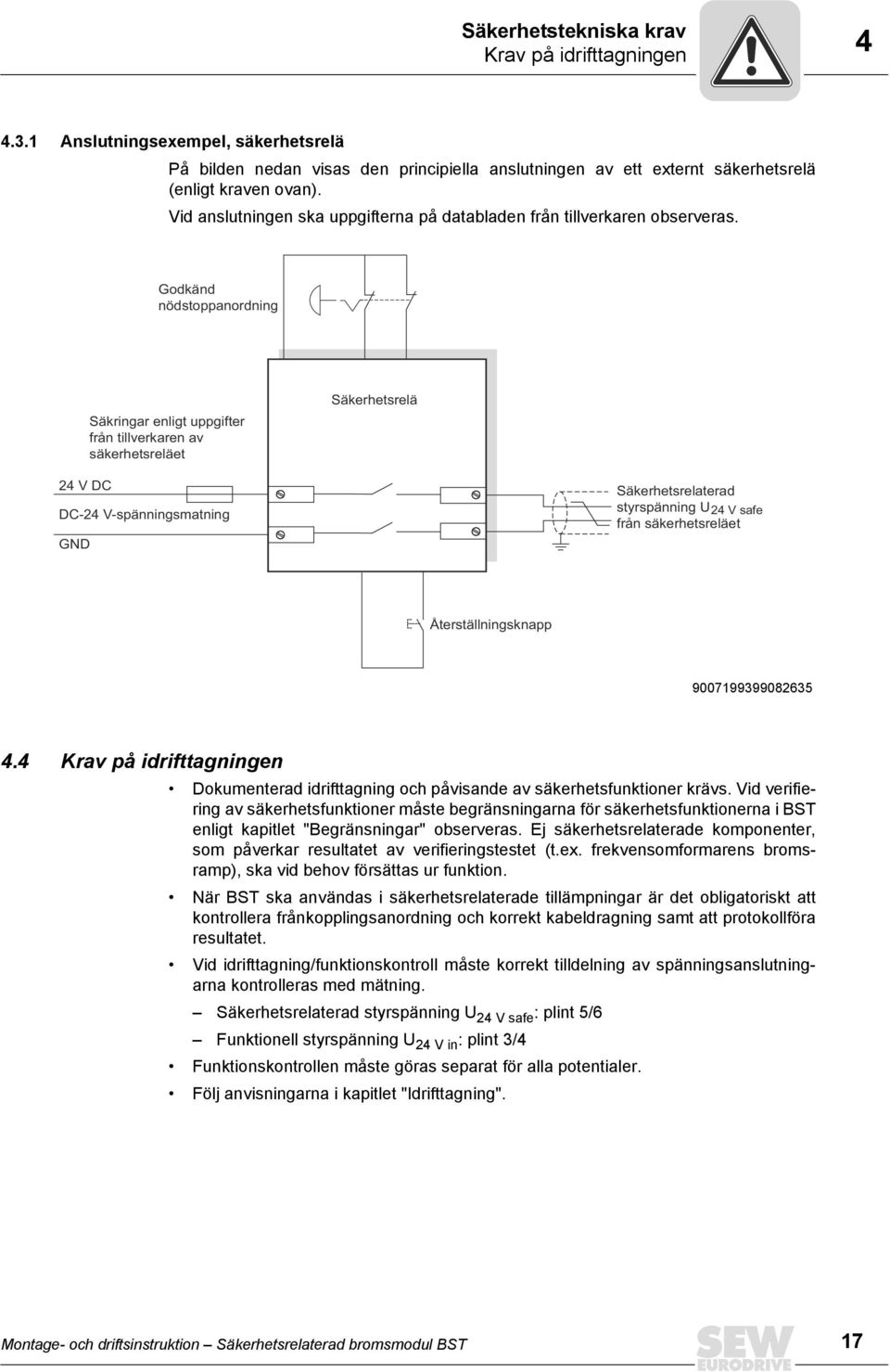 Godkänd nödstoppanordning Säkringar enligt uppgifter från tillverkaren av säkerhetsreläet Säkerhetsrelä 24 V DC DC-24 V-spänningsmatning GND Säkerhetsrelaterad styrspänning U 24 V safe från