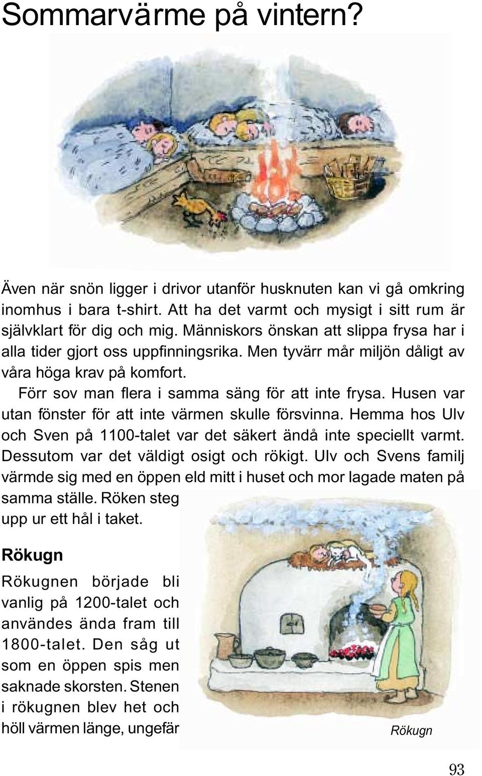 Husen var utan fönster för att inte värmen skulle försvinna. Hemma hos Ulv och Sven på 1100-talet var det säkert ändå inte speciellt varmt. Dessutom var det väldigt osigt och rökigt.