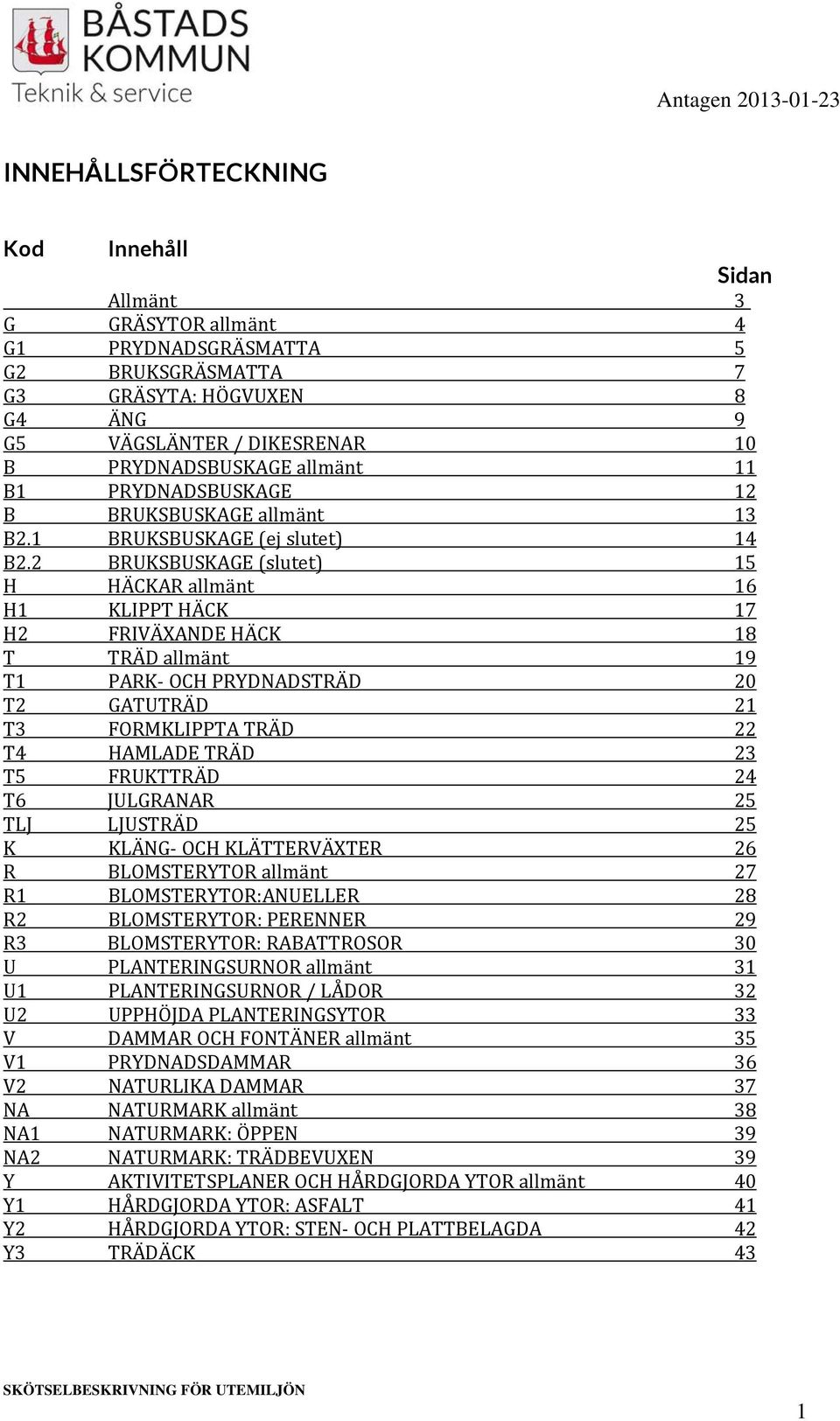 2 BRUKSBUSKAGE (slutet) 15 H HÄCKAR allmänt 16 H1 KLIPPT HÄCK 17 H2 FRIVÄANDE HÄCK 18 T TRÄD allmänt 19 T1 PARK OCH PRYDNADSTRÄD 20 T2 GATUTRÄD 21 T3 FORMKLIPPTA TRÄD 22 T4 HAMLADE TRÄD 23 T5