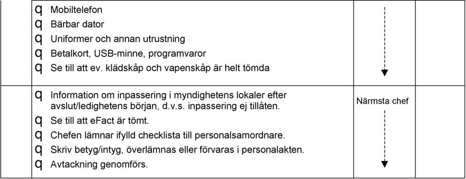 avslut/ledighetens början, d.v.s. inpassering ej tillåten. q Se till att efact är tömt.