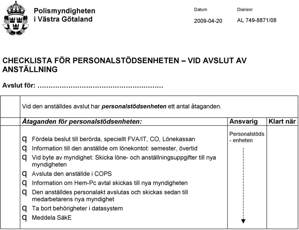 Åtaganden för personalstödsenheten: Ansvarig Klart när q Fördela beslut till berörda, speciellt FVA/IT, CO, Lönekassan q Information till den anställde om lönekontot: semester, övertid q