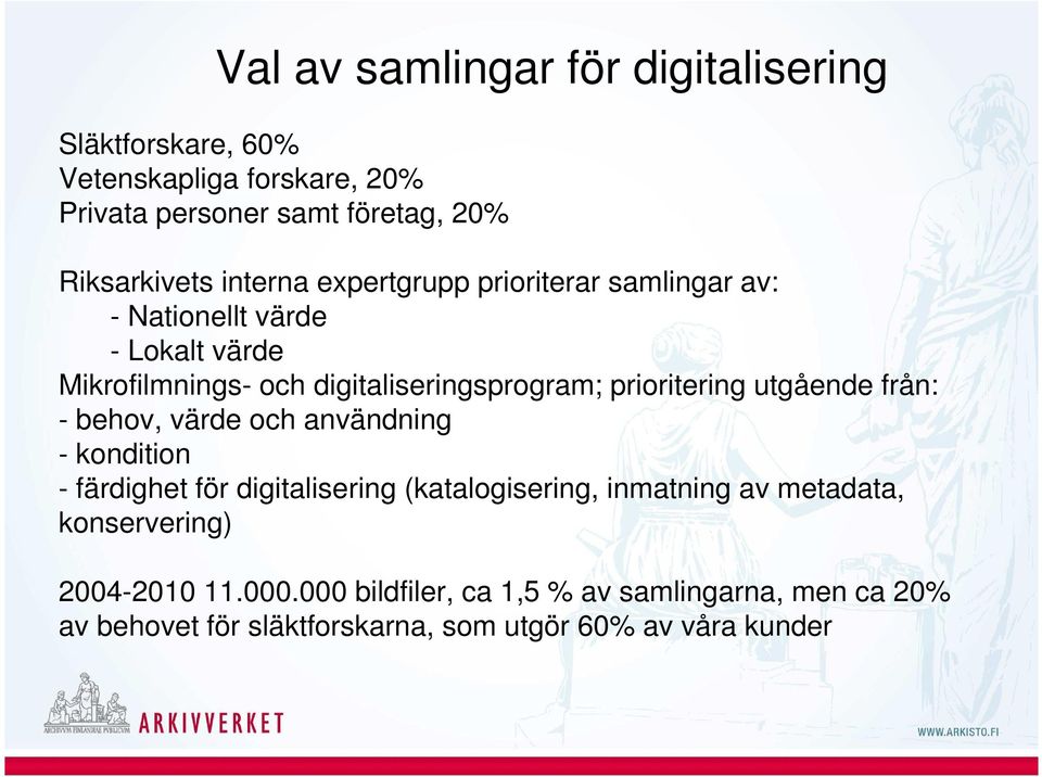 prioritering utgående från: - behov, värde och användning - kondition - färdighet för digitalisering (katalogisering, inmatning av