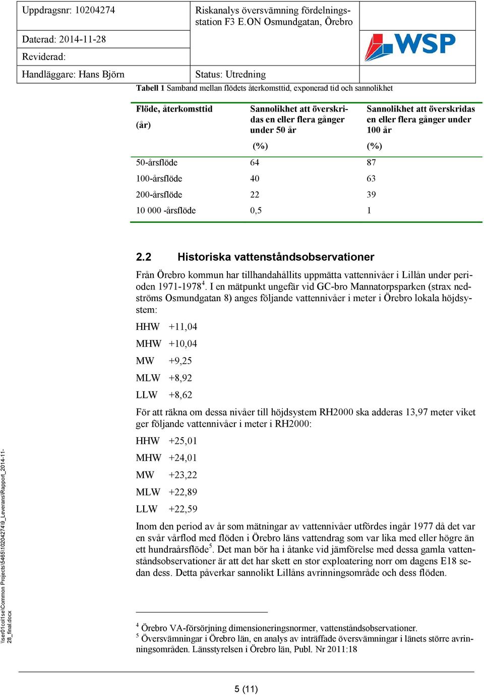 2 Historiska vattenståndsobservationer Från Örebro kommun har tillhandahållits uppmätta vattennivåer i Lillån under perioden 1971-1978 4.