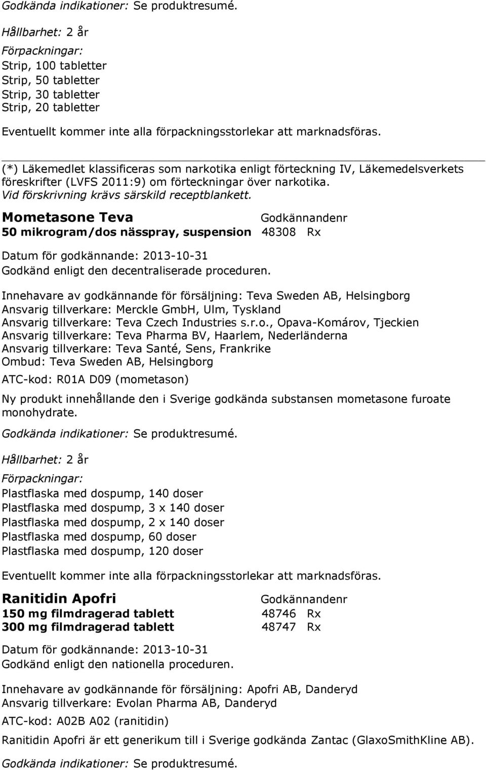 Mometasone Teva 50 mikrogram/dos nässpray, suspension 48308 Rx Godkänd enligt den decentraliserade proceduren.