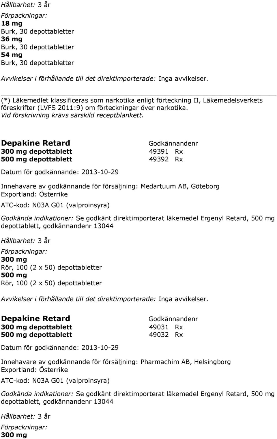 Depakine Retard 300 mg depottablett 49391 Rx 500 mg depottablett 49392 Rx Innehavare av godkännande för försäljning: Medartuum AB, Göteborg Exportland: Österrike ATC-kod: N03A G01 (valproinsyra)