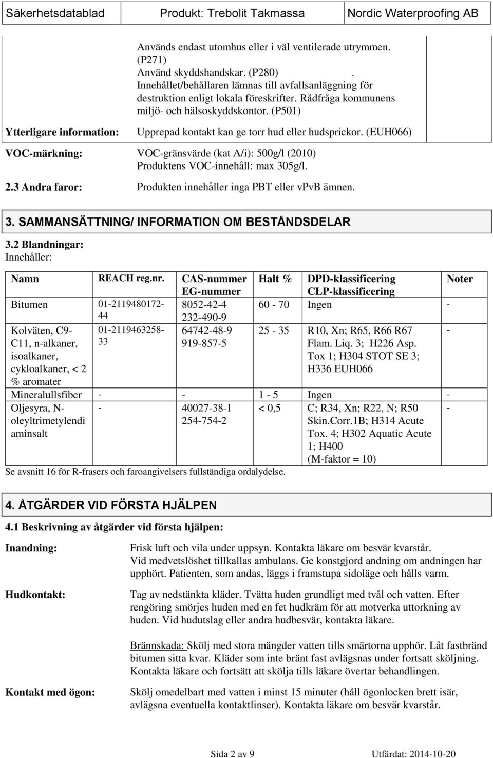 (EUH066) VOC-märkning: VOC-gränsvärde (kat A/i): 500g/l (2010) Produktens VOC-innehåll: max 305g/l. 2.3 Andra faror: Produkten innehåller inga PBT eller vpvb ämnen. 3. SAMMANSÄTTNING/ INFORMATION OM BESTÅNDSDELAR 3.