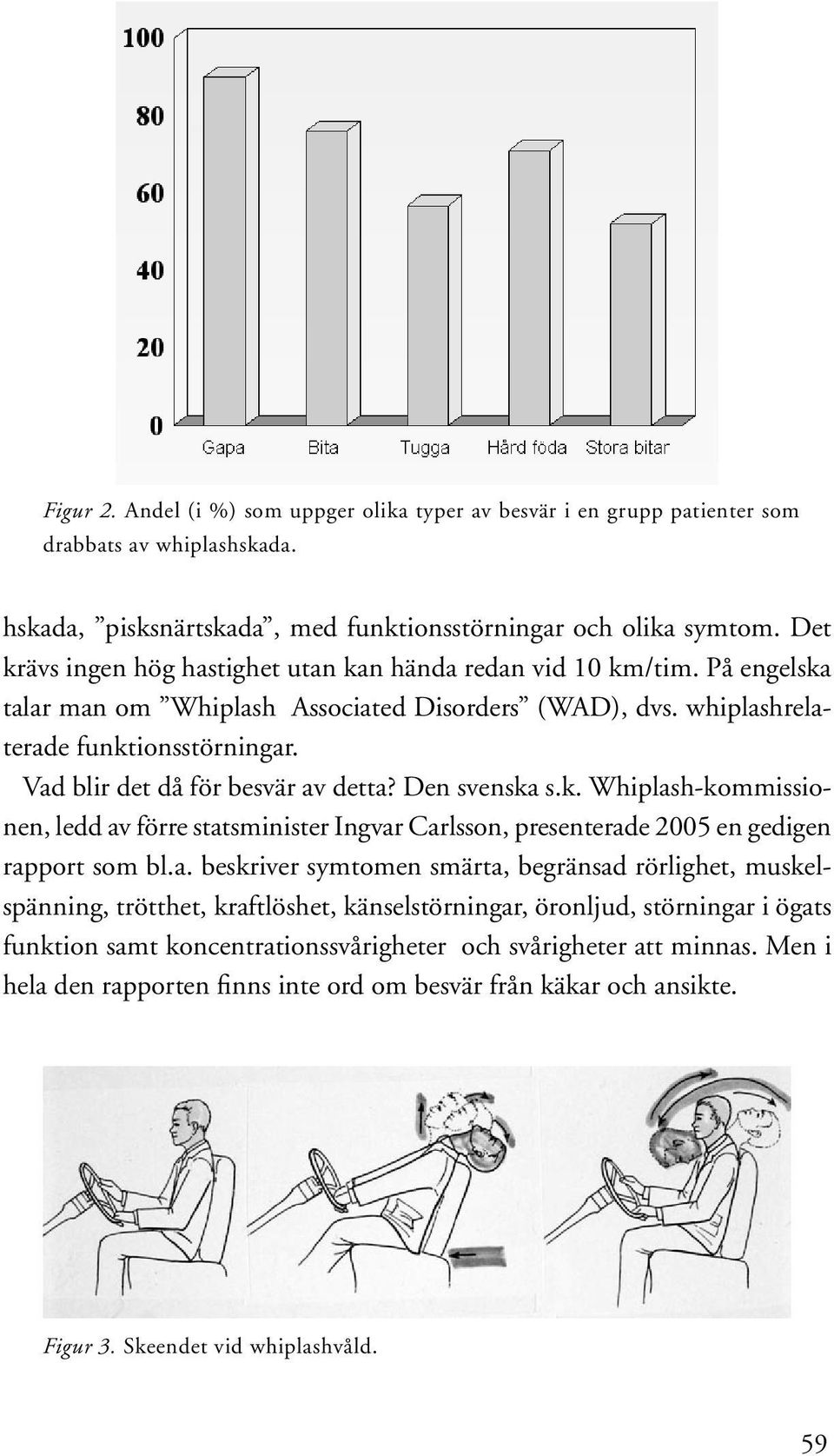 Vad blir det då för besvär av detta? Den svenska s.k. Whiplash-kommissionen, ledd av förre statsminister Ingvar Carlsson, presenterade 2005 en gedigen rapport som bl.a. beskriver symtomen smärta,