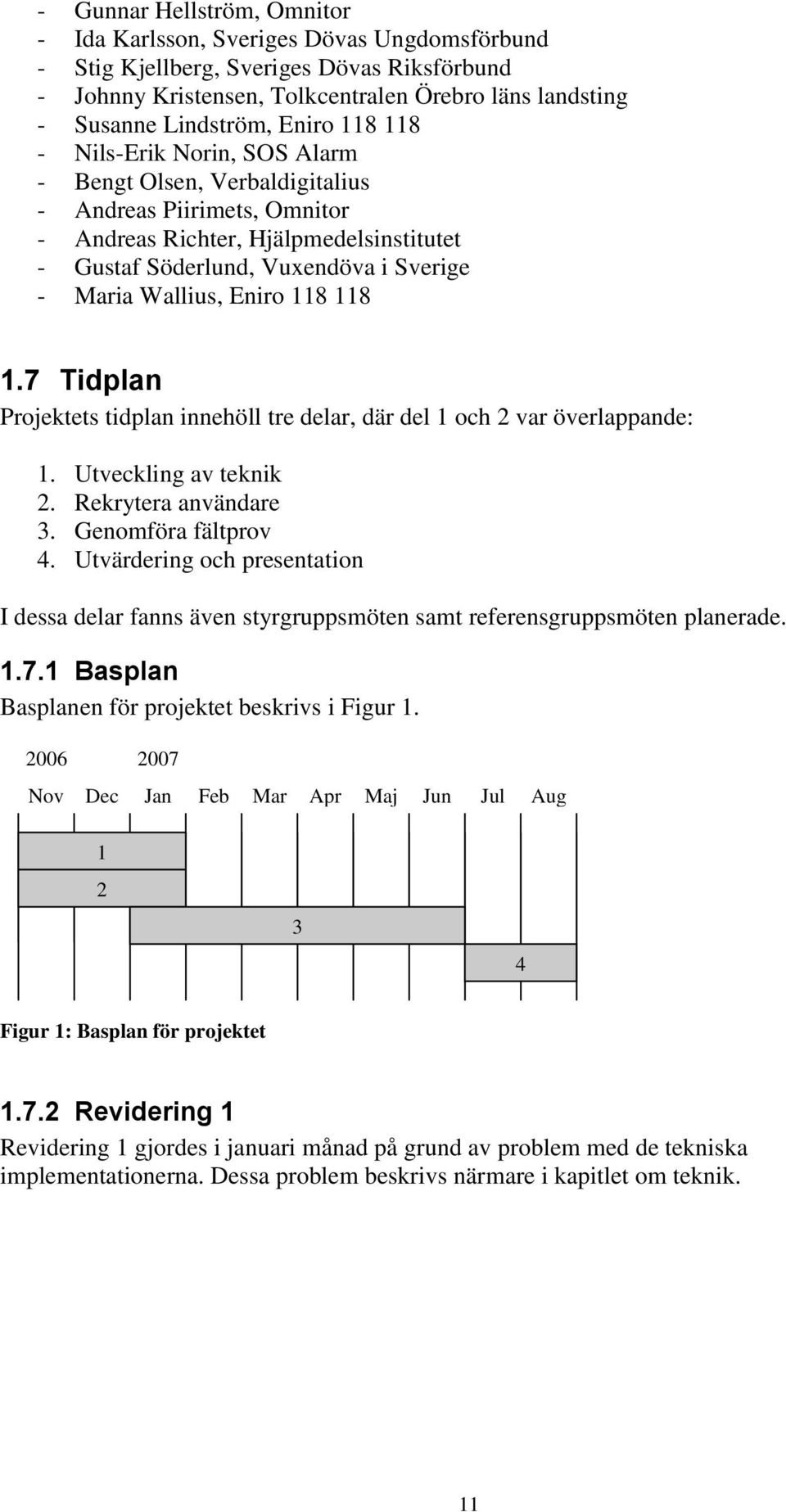 Wallius, Eniro 118 118 1.7 Tidplan Projektets tidplan innehöll tre delar, där del 1 och 2 var överlappande: 1. Utveckling av teknik 2. Rekrytera användare 3. Genomföra fältprov 4.