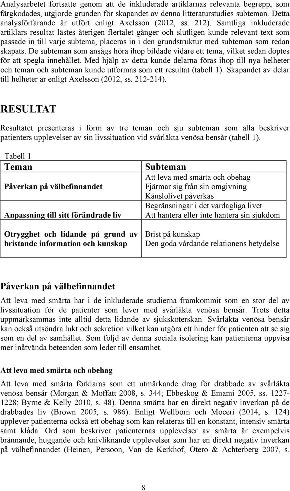 Samtliga inkluderade artiklars resultat lästes återigen flertalet gånger och slutligen kunde relevant text som passade in till varje subtema, placeras in i den grundstruktur med subteman som redan