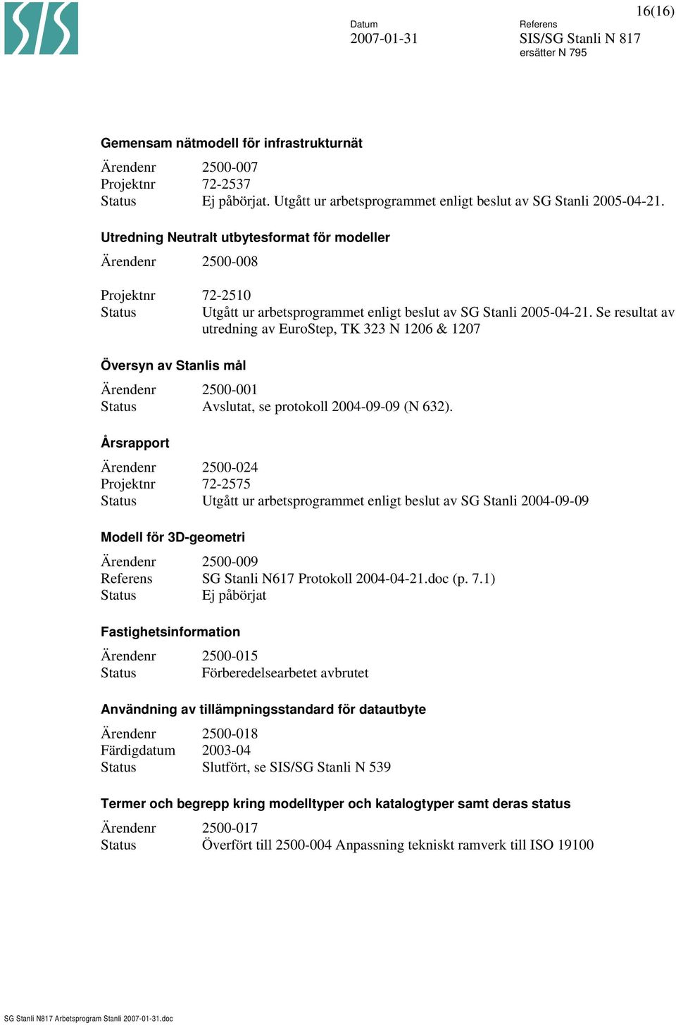 Se resultat av utredning av EuroStep, TK 323 N 1206 & 1207 Översyn av Stanlis mål Ärendenr 2500-001 Status Avslutat, se protokoll 2004-09-09 (N 632).