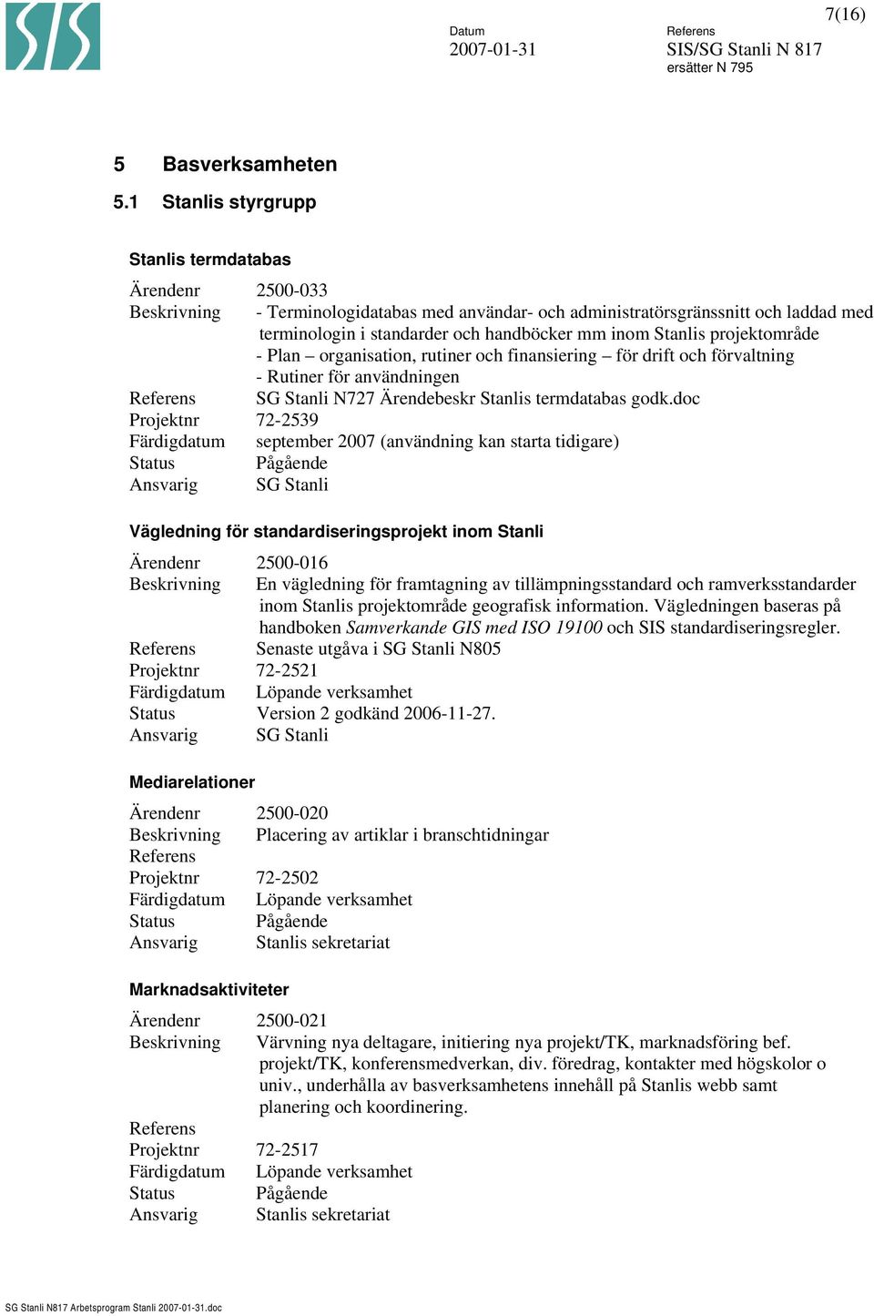 Stanlis projektområde - Plan organisation, rutiner och finansiering för drift och förvaltning - Rutiner för användningen SG Stanli N727 Ärendebeskr Stanlis termdatabas godk.