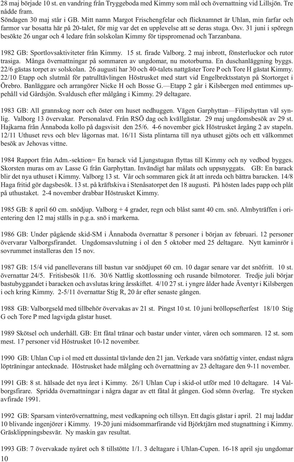 31 juni i spöregn besökte 26 ungar och 4 ledare från solskolan Kimmy för tipspromenad och Tarzanbana. 1982 GB: Sportlovsaktiviteter från Kimmy. 15 st. firade Valborg.