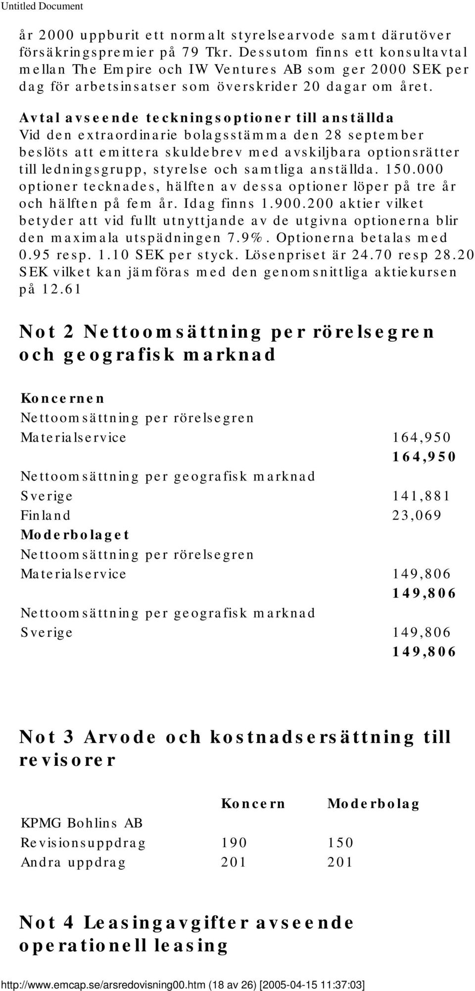 Avtal avseende teckningsoptioner till anställda Vid den extraordinarie bolagsstämma den 28 september beslöts att emittera skuldebrev med avskiljbara optionsrätter till ledningsgrupp, styrelse och