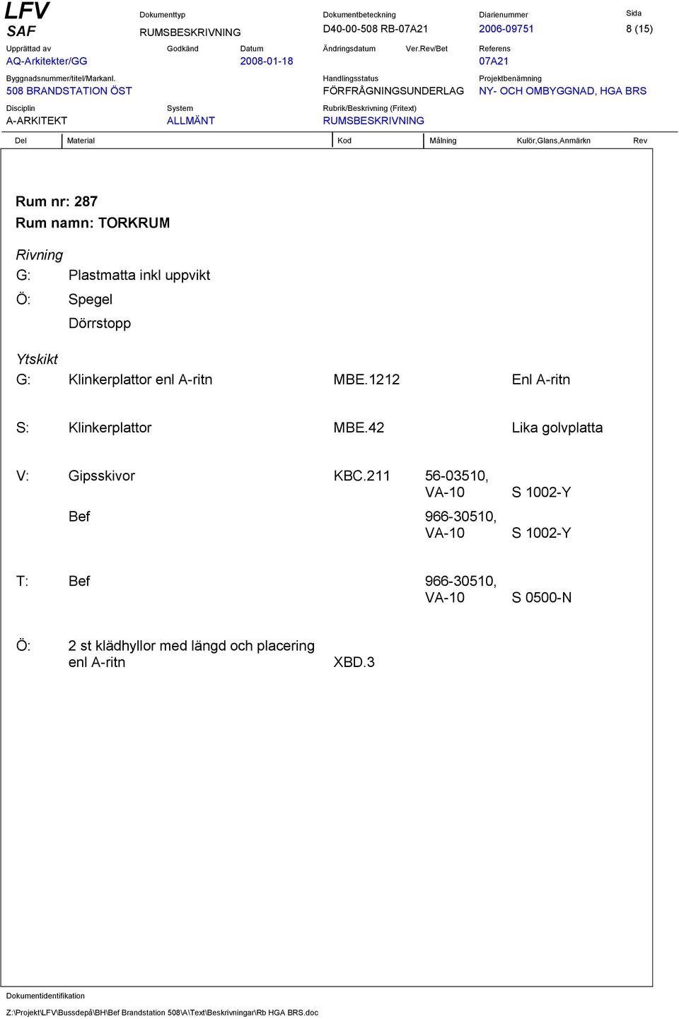 1212 Enl A-ritn S: Klinkerplattor MBE.42 Lika golvplatta V: Gipsskivor KBC.