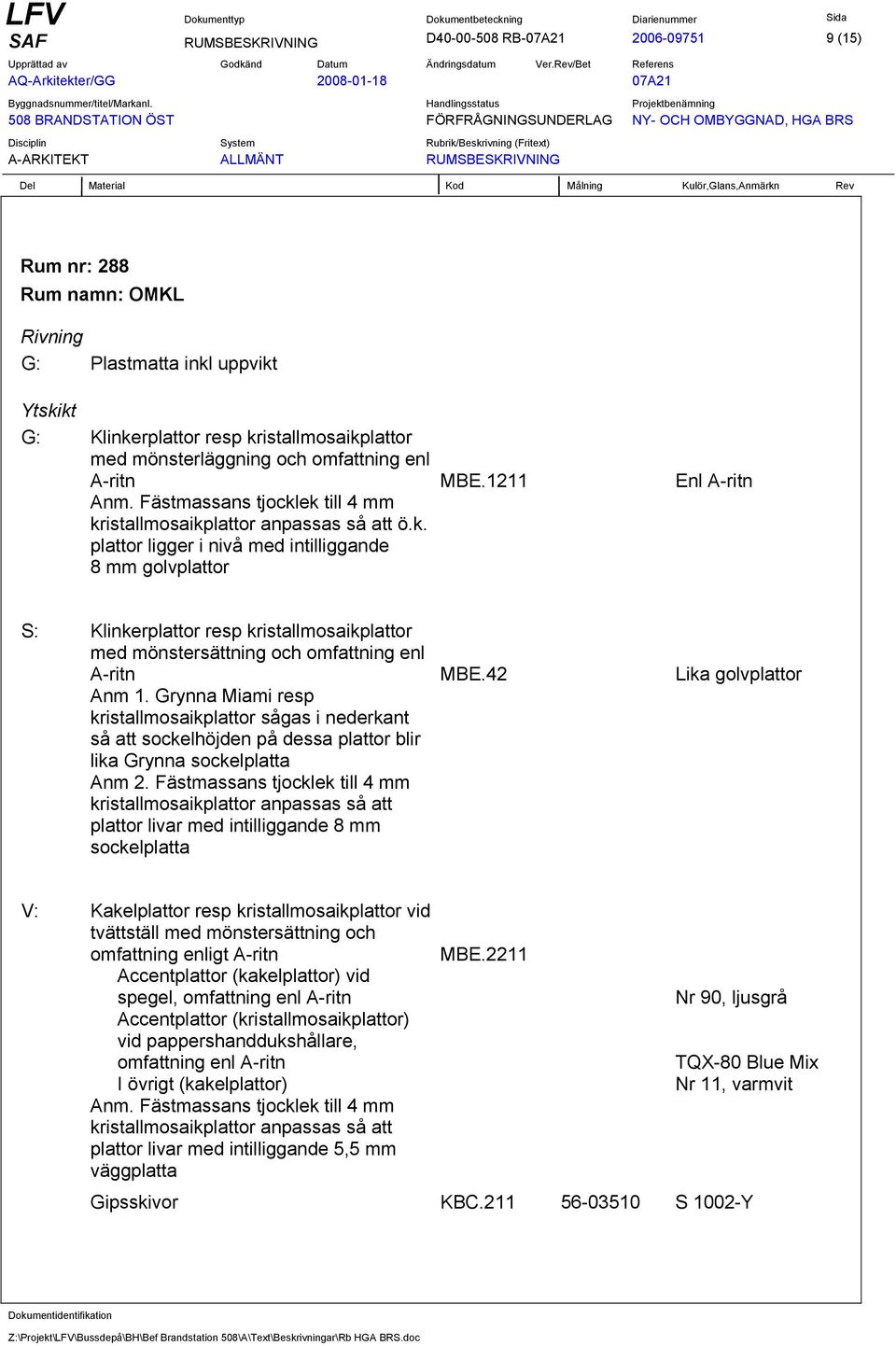 1211 Enl A-ritn S: Klinkerplattor resp kristallmosaikplattor med mönstersättning och omfattning enl A-ritn Anm 1.