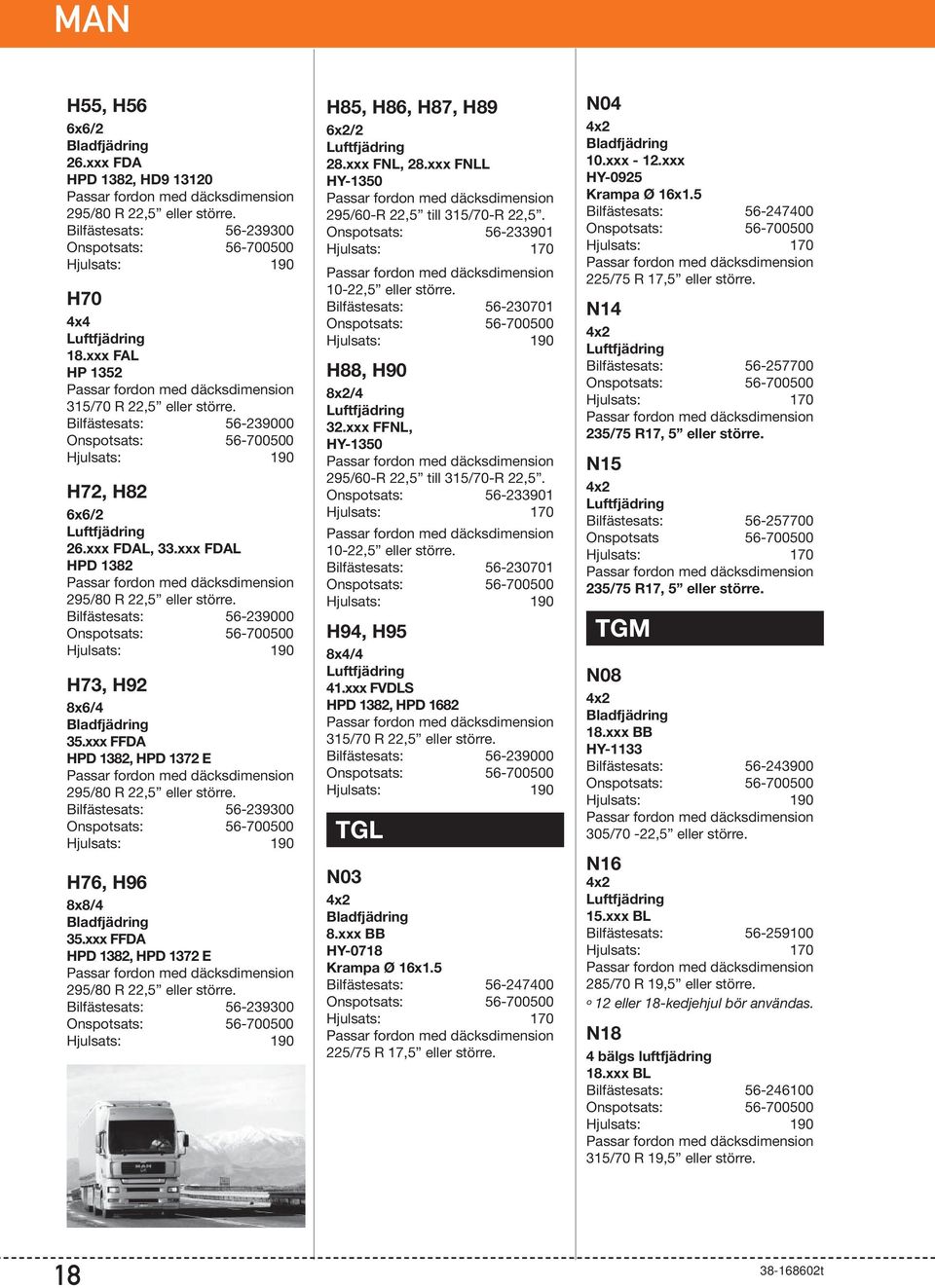 Bilfästesats: 56-239300 H76, H96 8x8/4 35.xxx FFDA HPD 1382, HPD 1372 E 295/80 R 22,5 eller större. Bilfästesats: 56-239300 H85, H86, H87, H89 6x2/2 28.xxx FNL, 28.