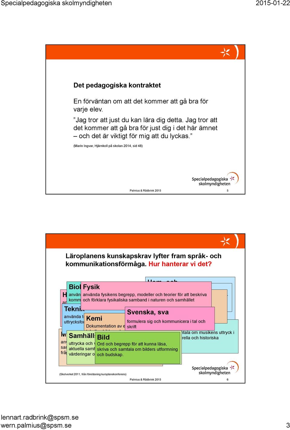 (Marin Ingvar, Hjärnkoll på skolan 2014, sid 48) Palmius & Rådbrink 2015 5 Läroplanens kunskapskrav lyfter fram språk- och kommunikationsförmåga. Hur hanterar vi det?