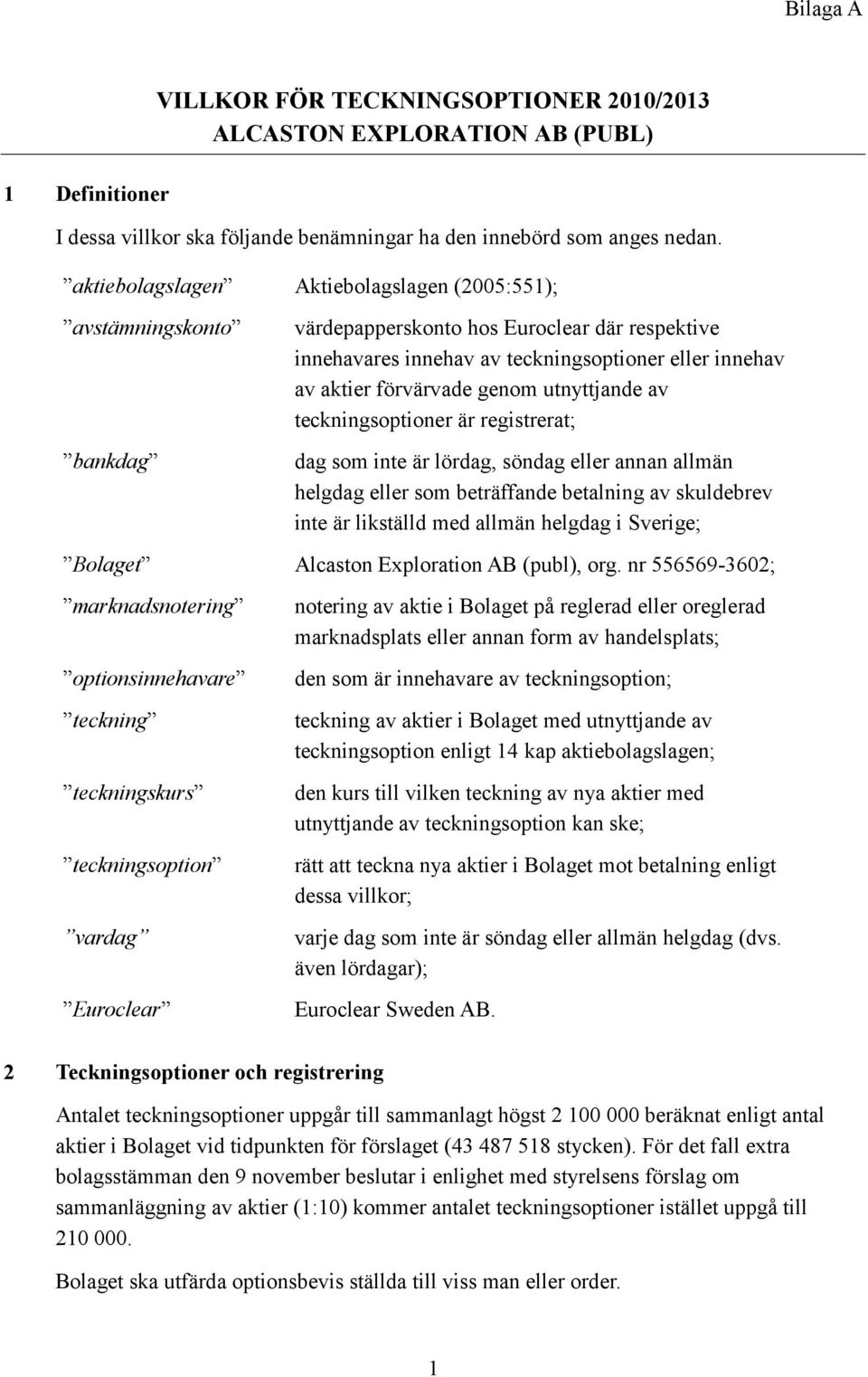 utnyttjande av teckningsoptioner är registrerat; dag som inte är lördag, söndag eller annan allmän helgdag eller som beträffande betalning av skuldebrev inte är likställd med allmän helgdag i